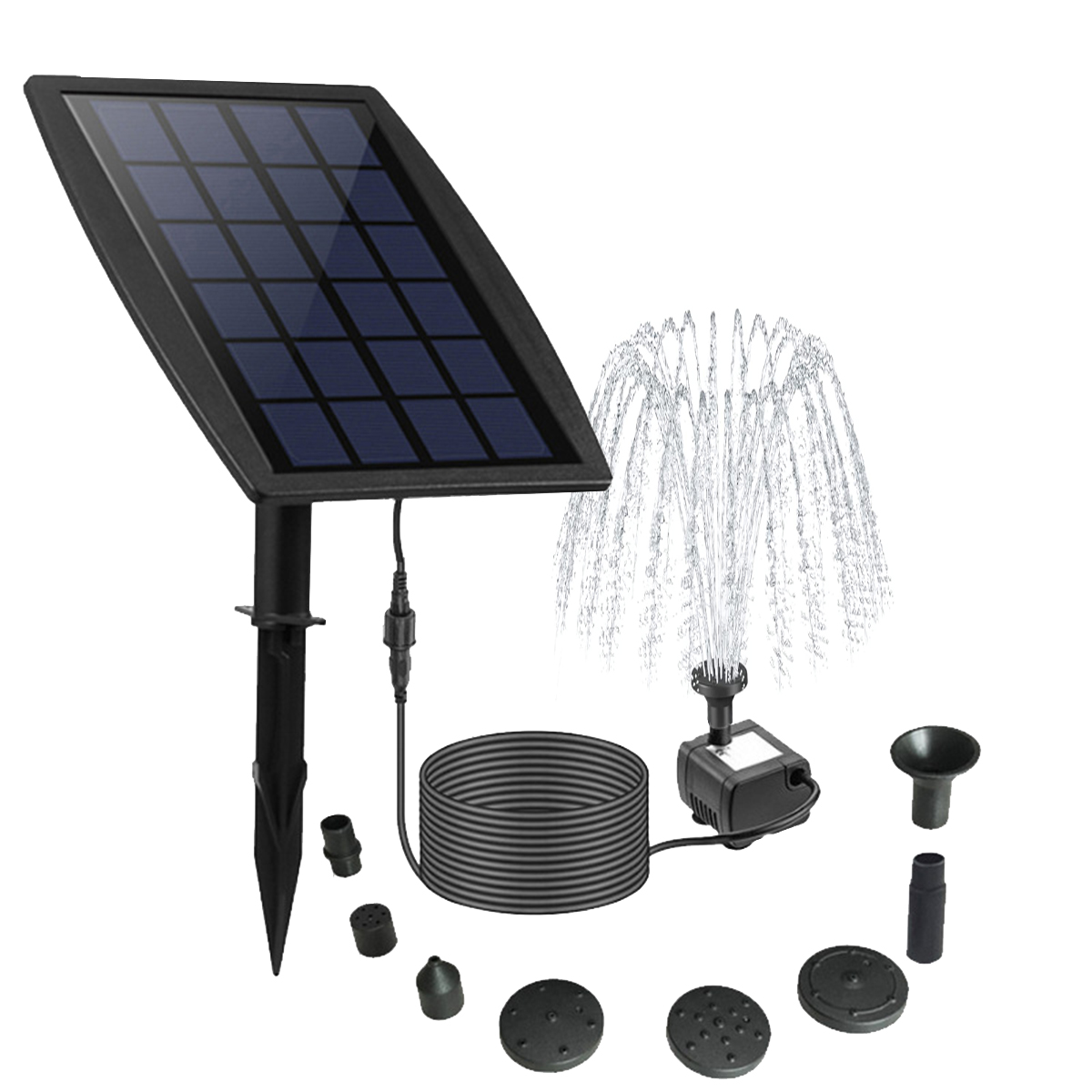 Solarbetriebener Brunnen mit mehreren Düsen. Ein Solarpanel ist mit dem Brunnen verbunden.