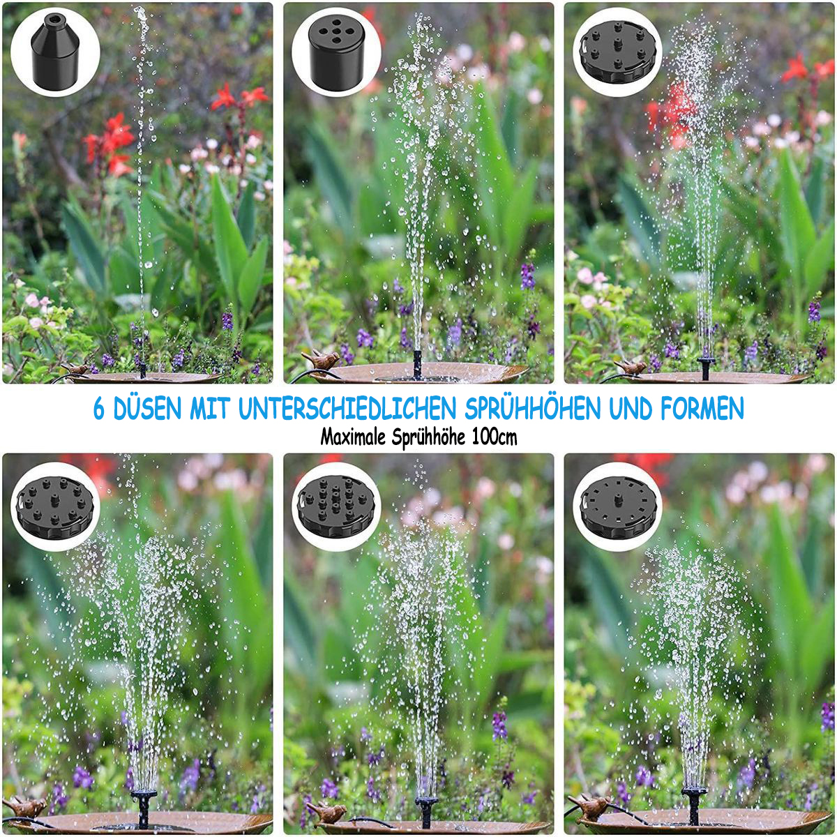 Eine Reihe von Springbrunnen in einem Garten, mit verschiedenen Sprühmustern und Düsen.
