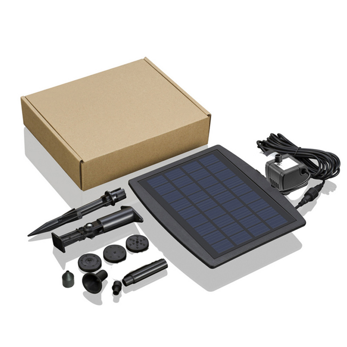 Ein Solarmodul-Kit mit einem Karton und verschiedenen Wasserfontänen-Komponenten.