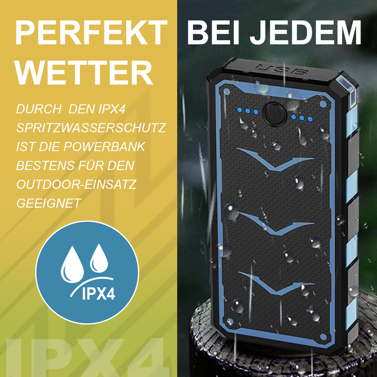 Schwarze und blaue tragbare Powerbank mit Wassertropfen und IPX4-Text, der Wasserbeständigkeit anzeigt.