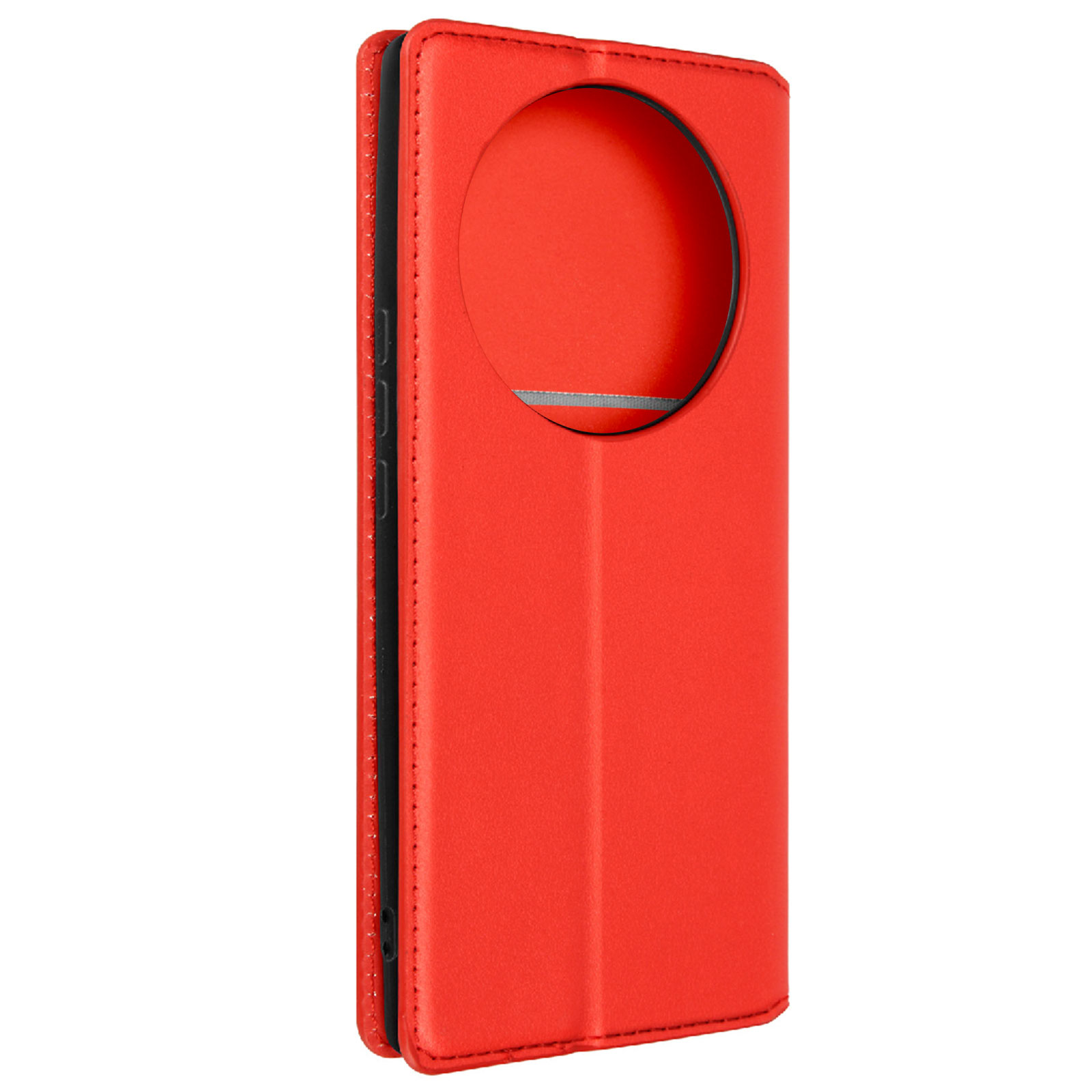 Rode telefoonhoes met een cirkelvormig venster voor de camera.
