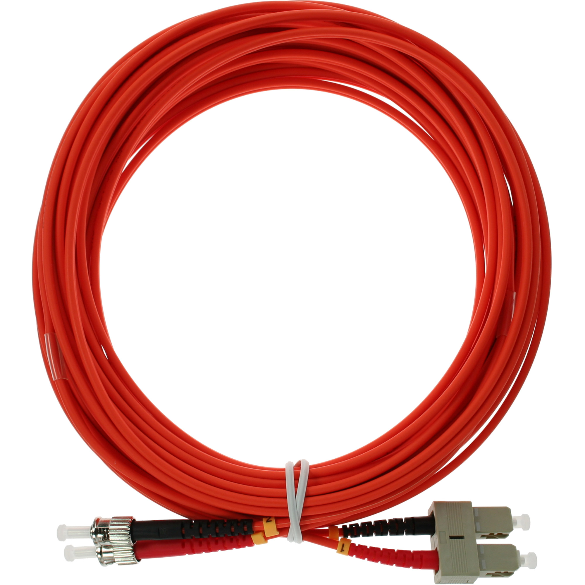 Ein aufgerolltes orangefarbenes Kabel mit Steckern an den Enden, gesichert mit einem weißen Bindfaden.