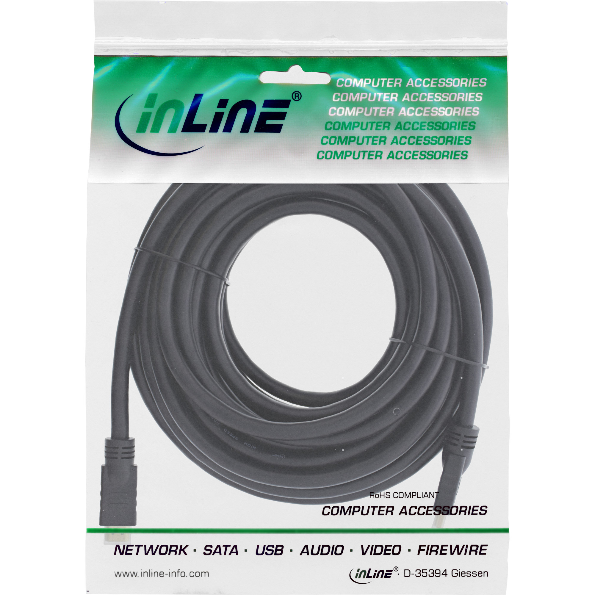 Schwarzes Kabel mit Steckern in einer transparenten Plastiktüte mit inLine-Branding.