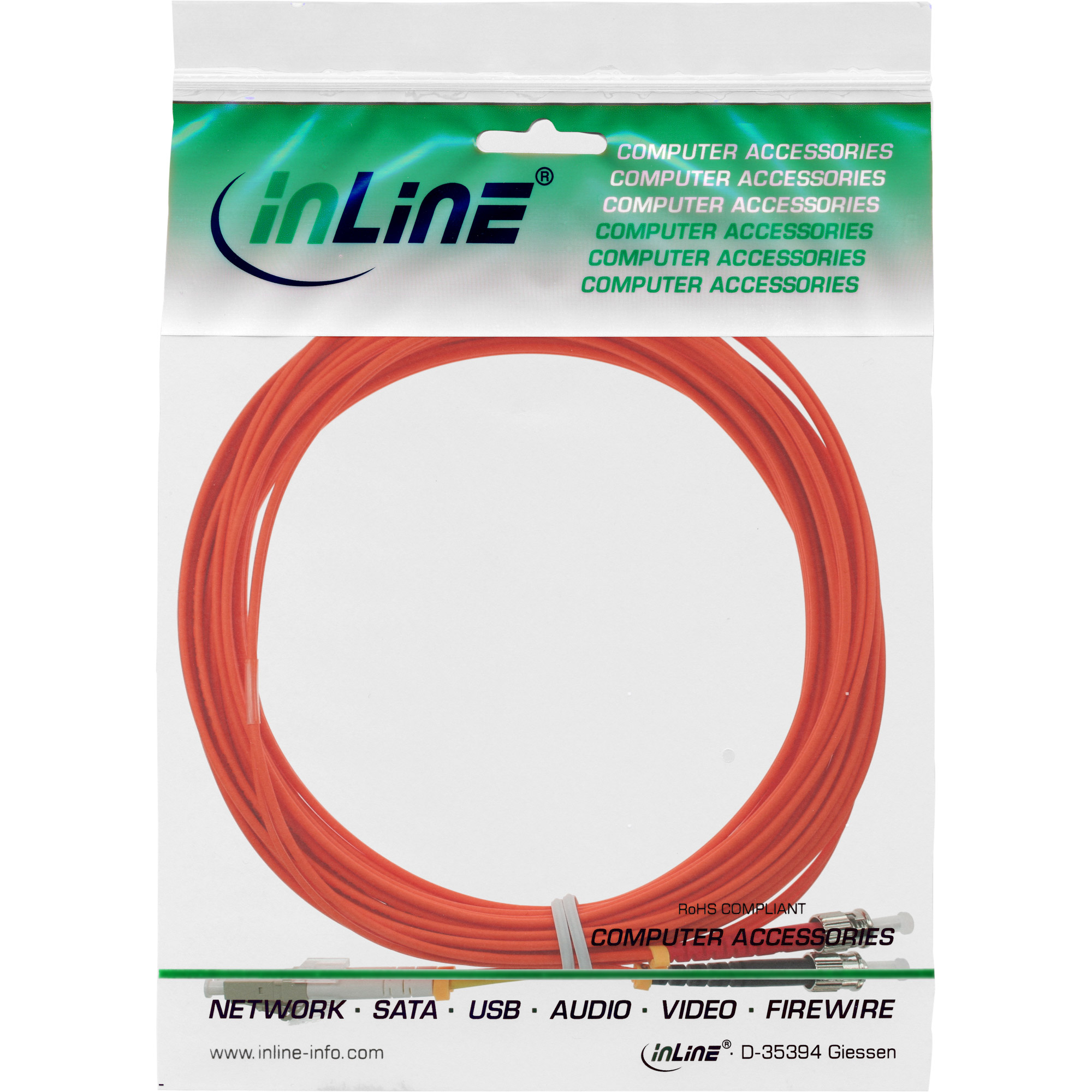 Packung mit orangefarbenem Glasfaserkabel für Computerzubehör. Text sagt „inLine“ und „COMPUTER ACCESSORIES“.