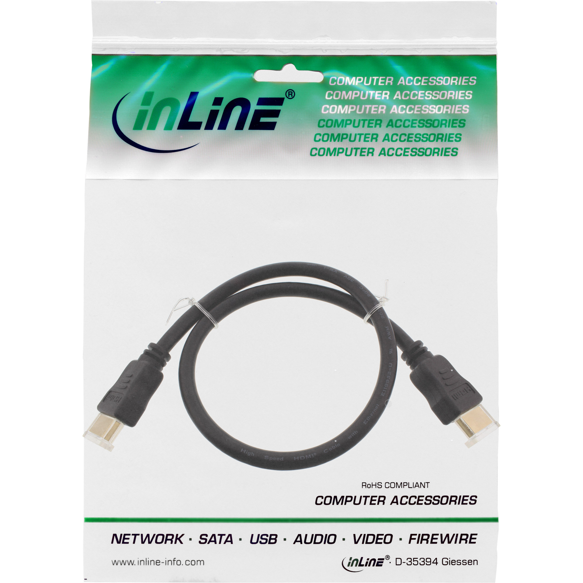 HDMI-Kabel in einer Plastiktüte, beschriftet mit 'Computer Zubehör' und 'inLine'.