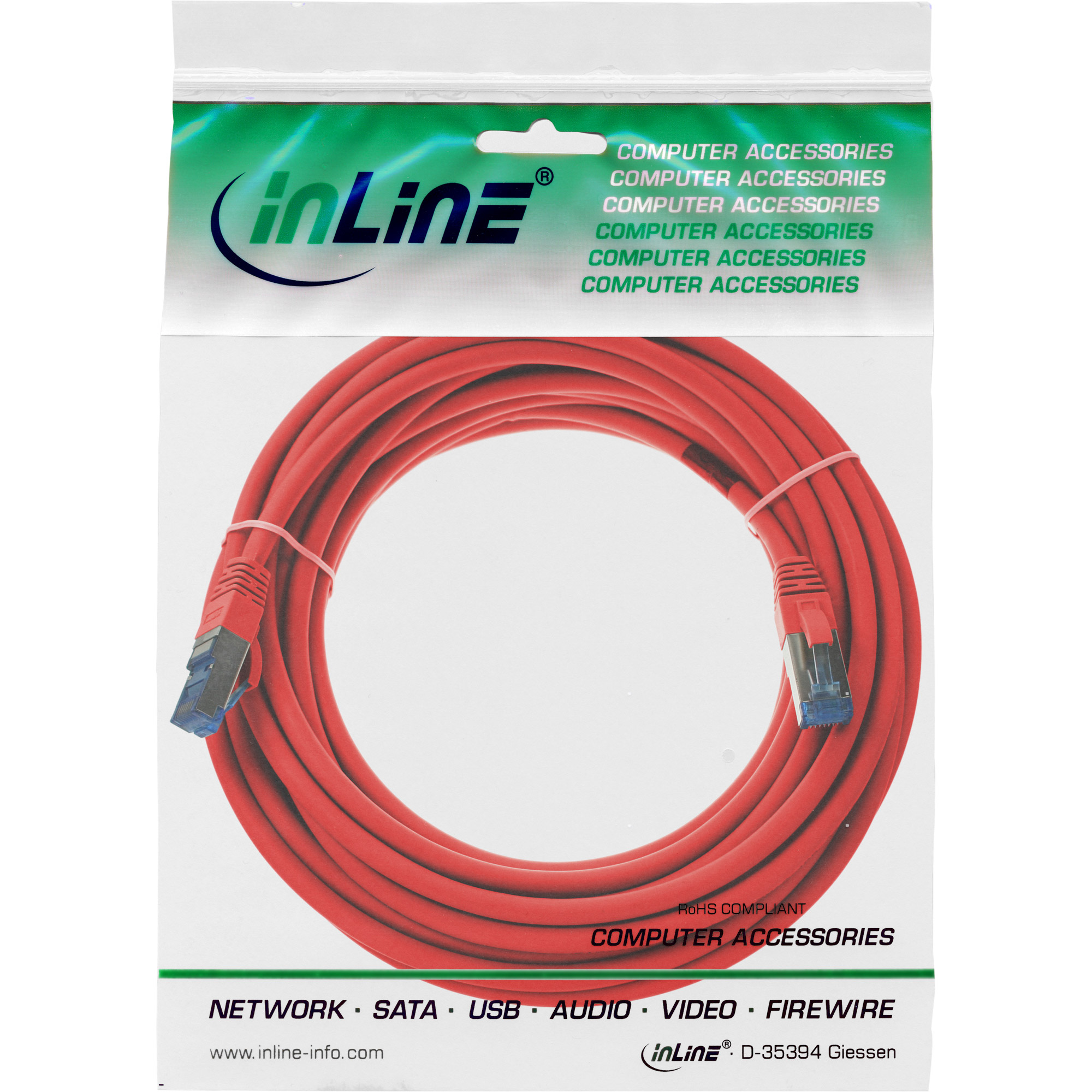 Rode kabel opgerold, in transparante plastic zak, met inline logo en tekst computeraccessoires.