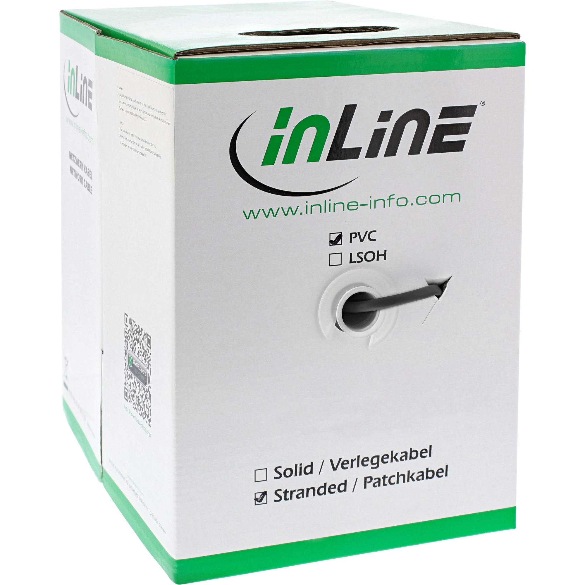 Scatola bianca con cavo nero che esce. Logo Inline. Testo: Cavo di rete.
