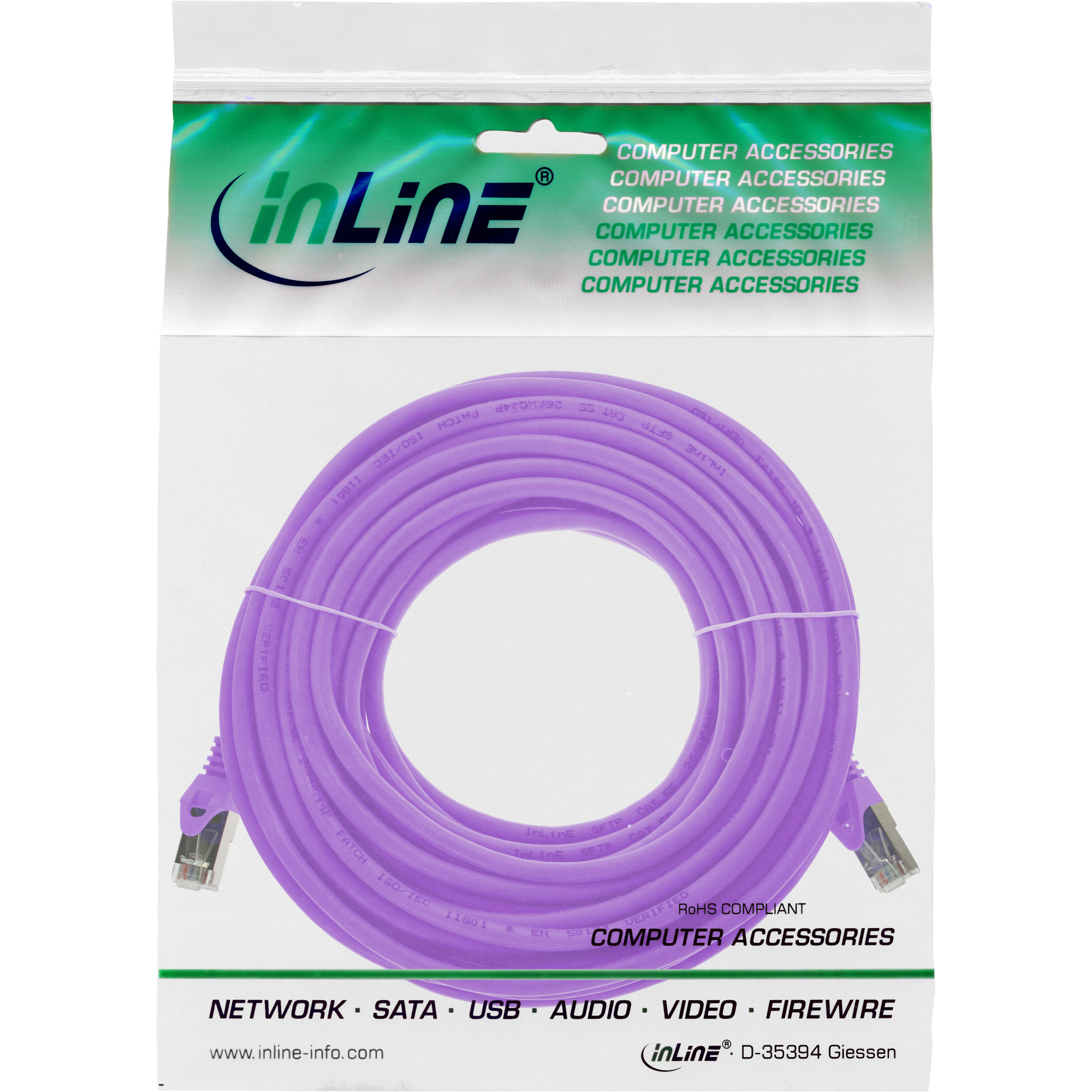 Ein lila Netzwerkkabel ist in einer transparenten Plastiktüte mit Text und Logos aufgedruckt.