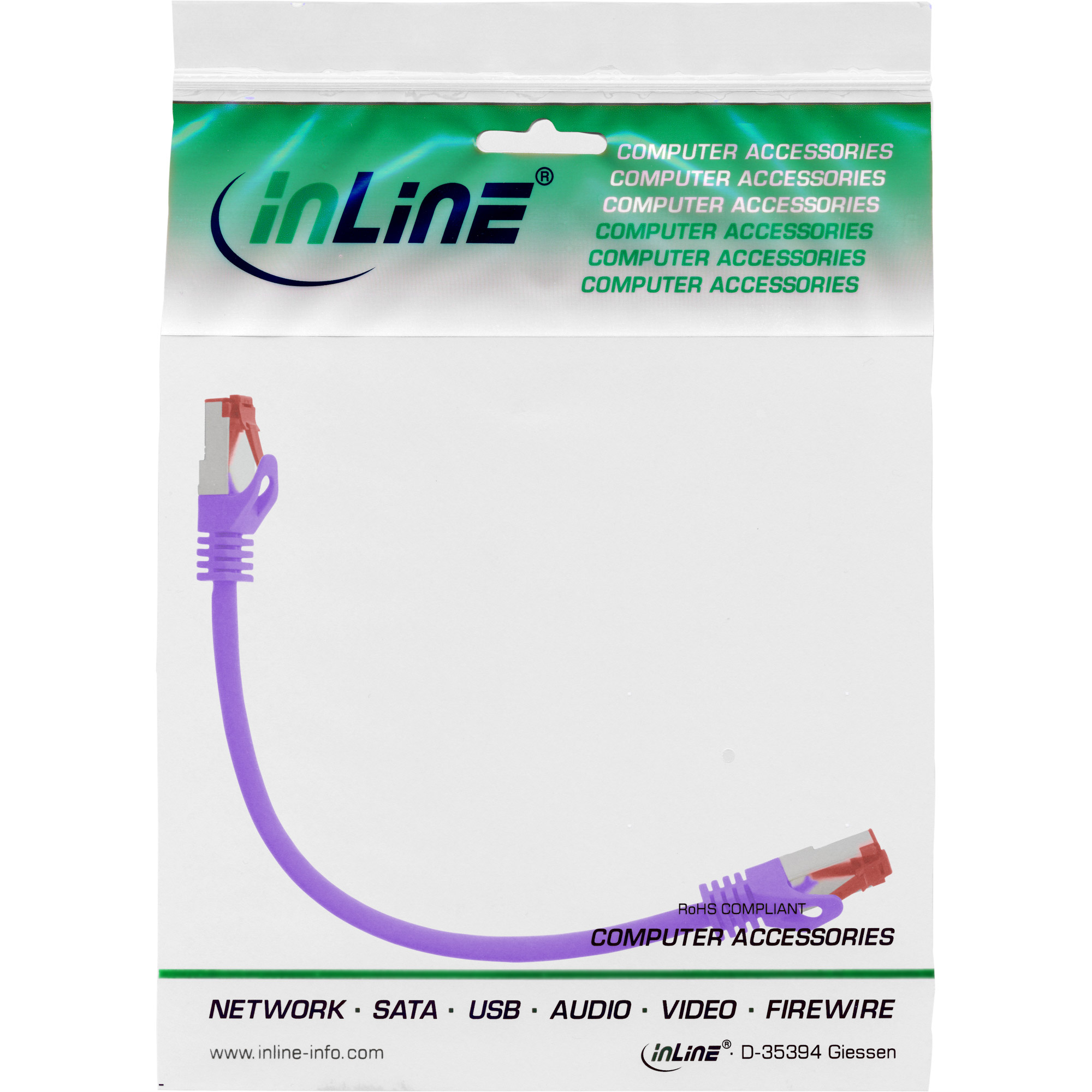 Un cavo Ethernet viola in un sacchetto di plastica. La confezione dice 'Accessori per computer'.