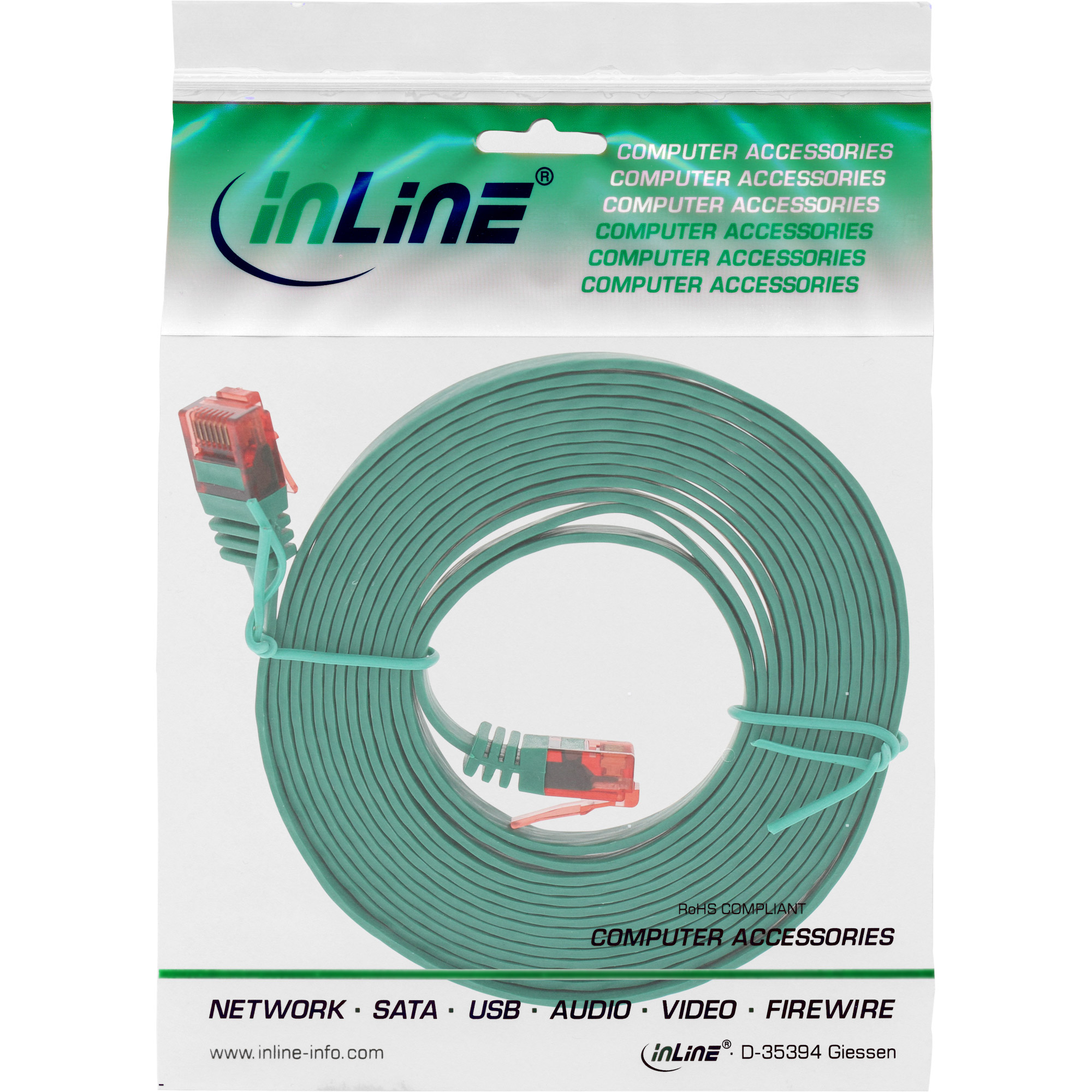 Câble réseau vert dans un emballage plastique. Connecteurs rouges aux extrémités. Texte : Accessoires informatiques.