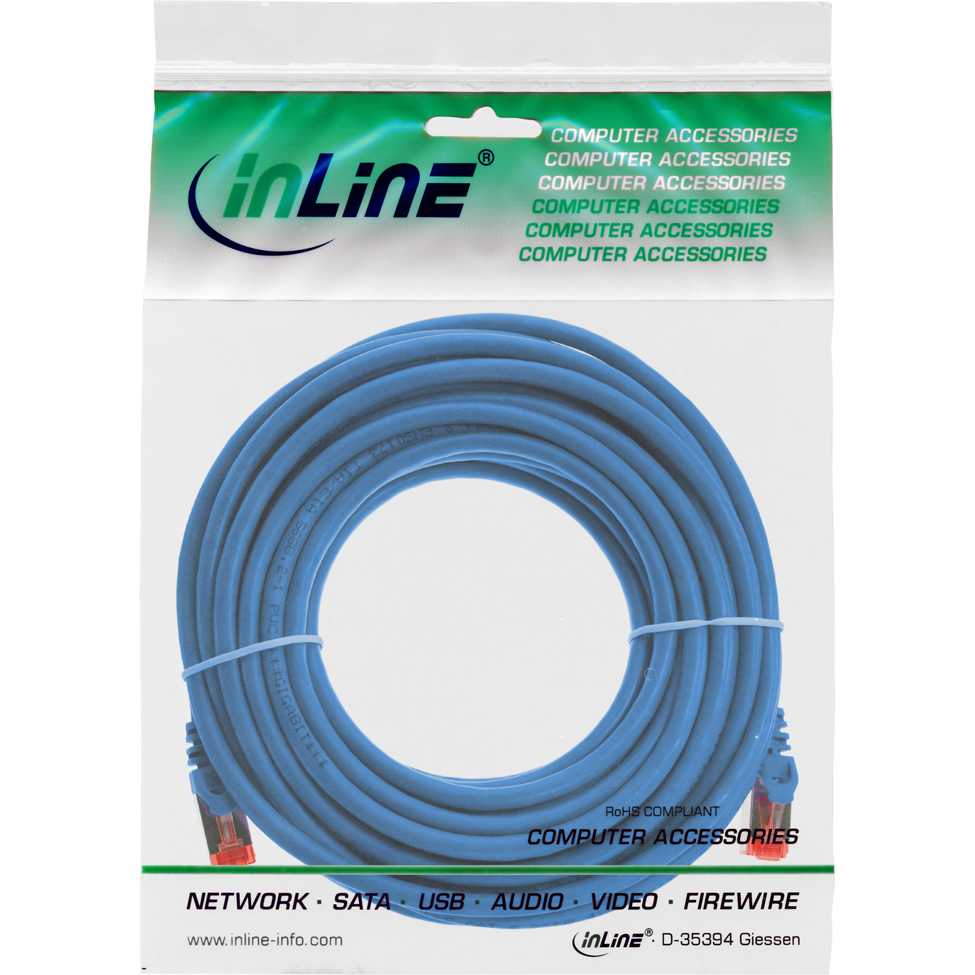 Cavo di rete blu avvolto in un sacchetto di plastica, con connettori RJ45 rossi.