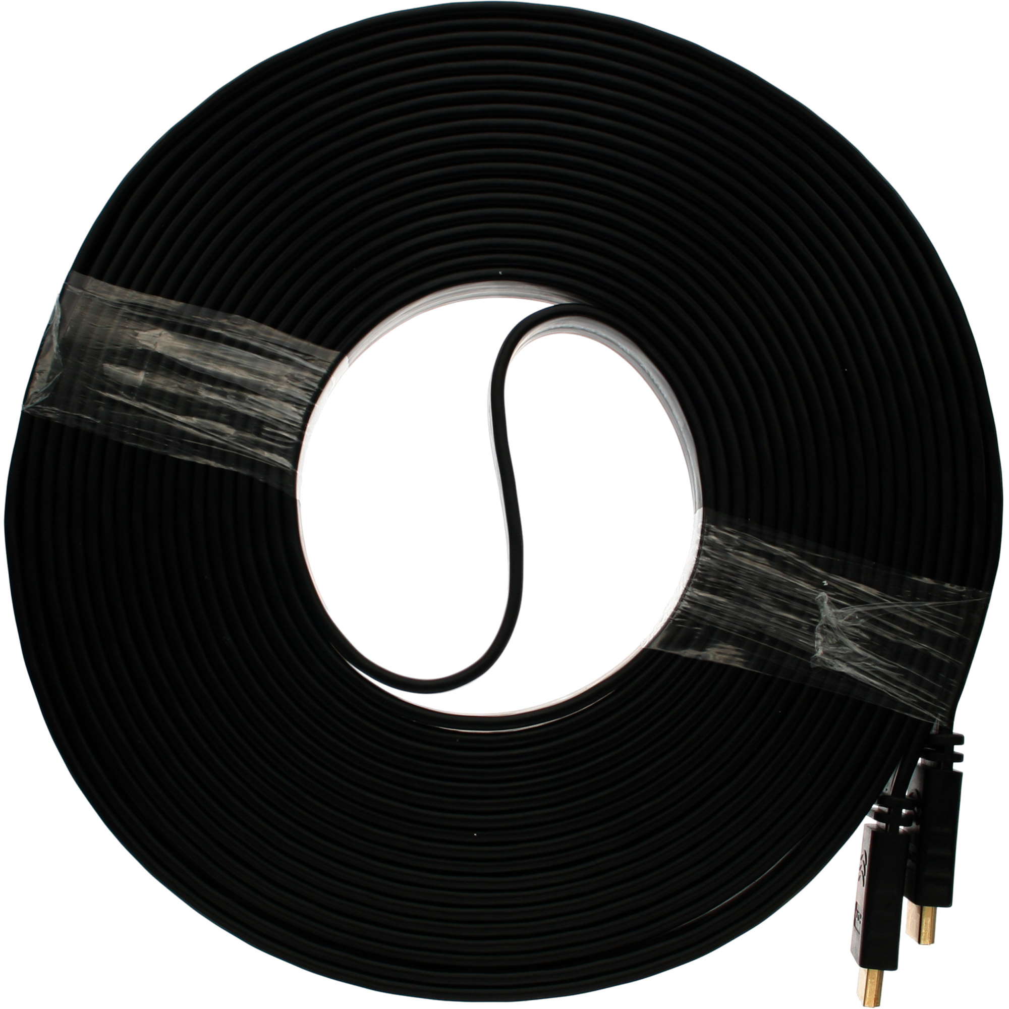 Een zwarte HDMI-kabel opgerold in een cirkel, vastgezet met doorzichtige tape. Twee HDMI-connectoren zichtbaar.