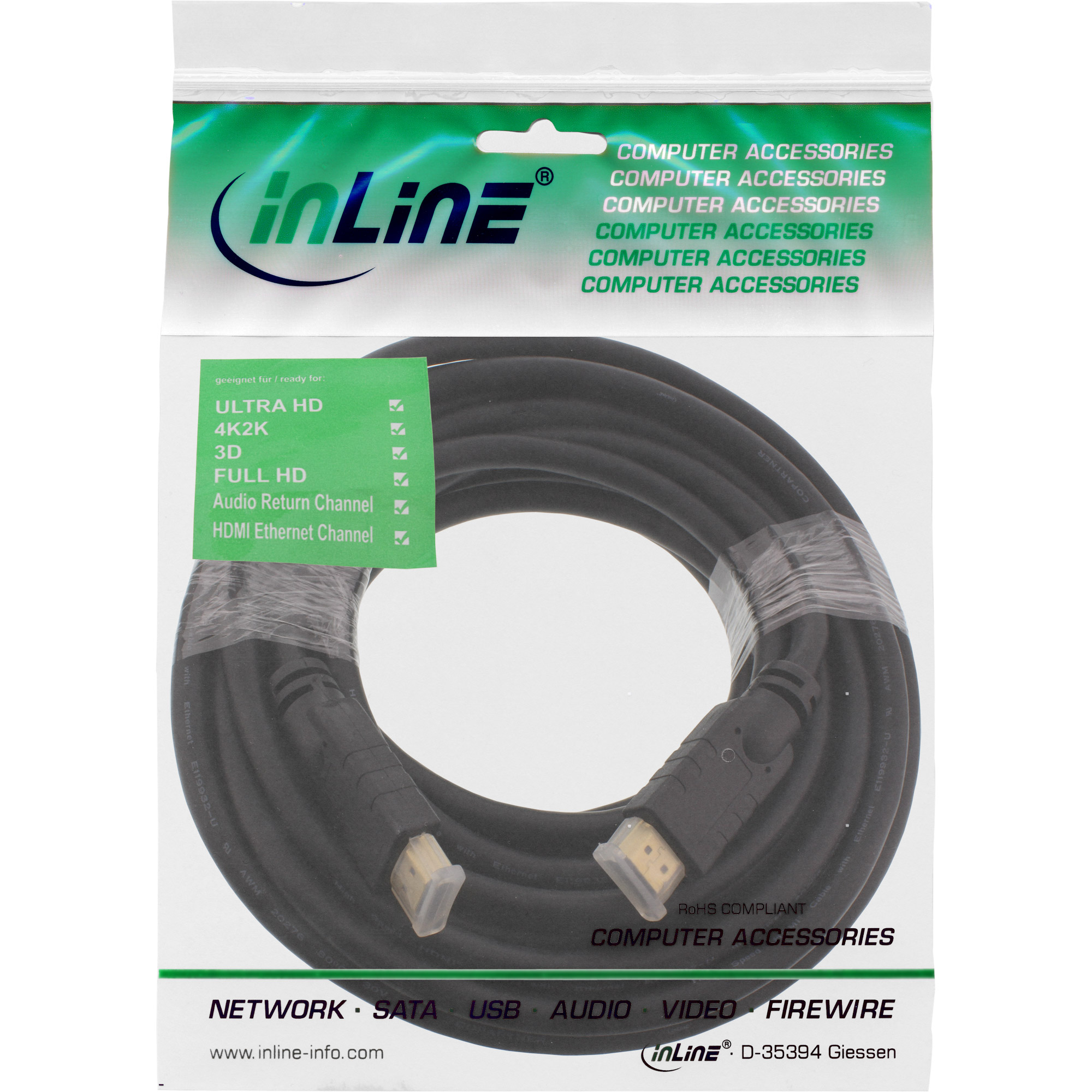 Zwarte HDMI-kabel in plastic zak. Zak heeft groene en witte tekst, met merk 'inLine'.