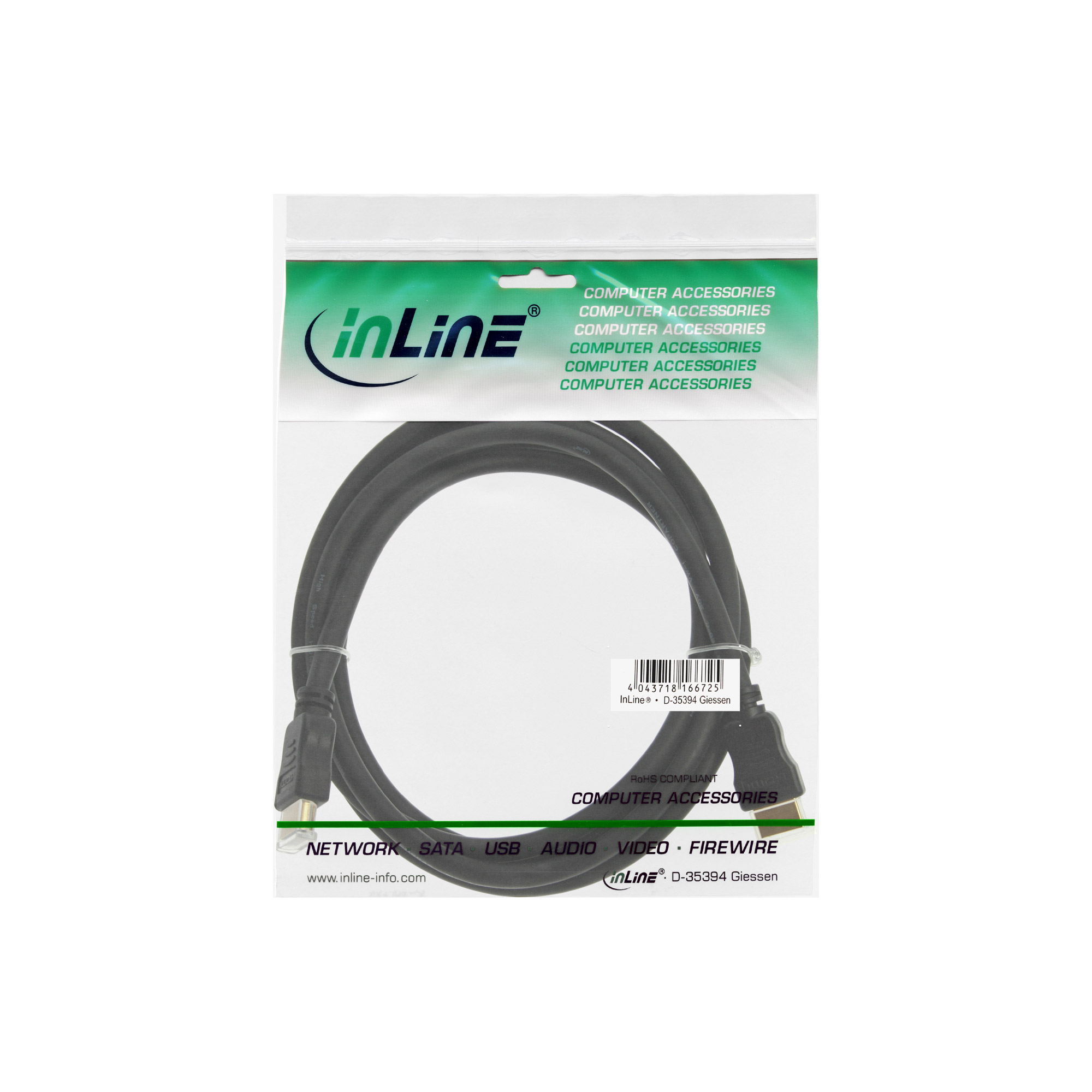 Ein schwarzes HDMI-Kabel in einer transparenten Plastiktüte mit dem Logo 'inLine'.