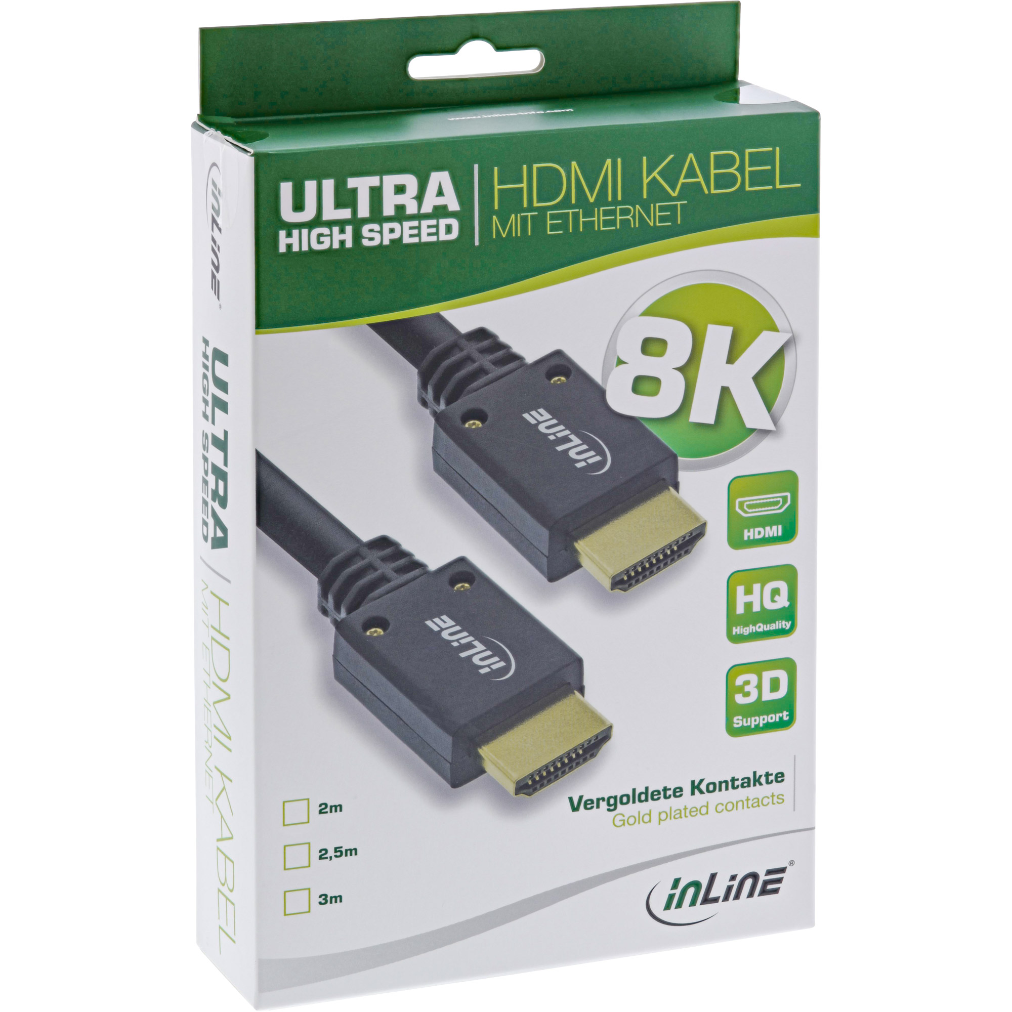 Witte doos met een zwarte HDMI-kabel. De doos heeft tekst en afbeeldingen. Groene en witte achtergrond.