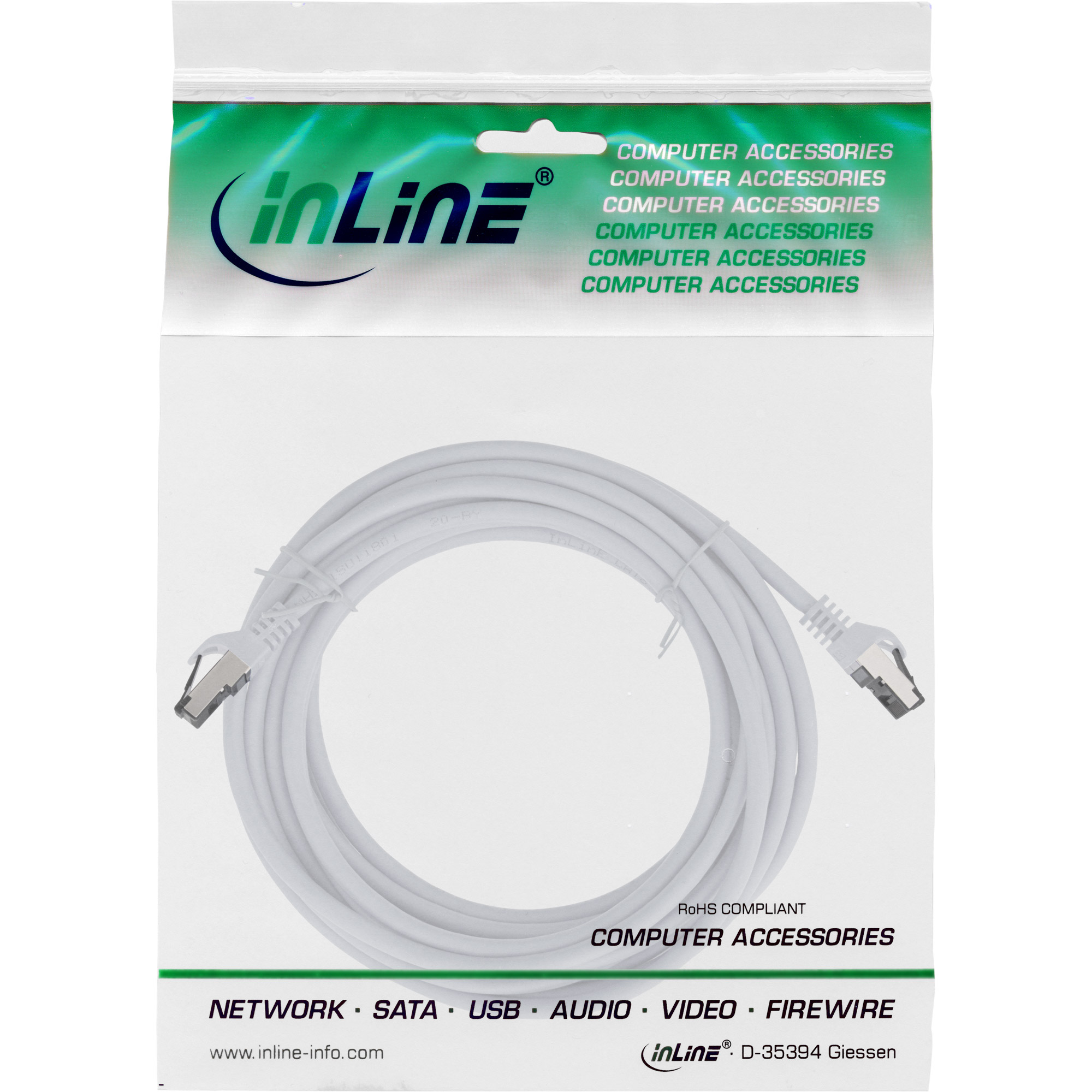 Un câble Ethernet blanc dans un sac en plastique. Le câble est enroulé. Le texte indique 'Accessoires informatiques'.