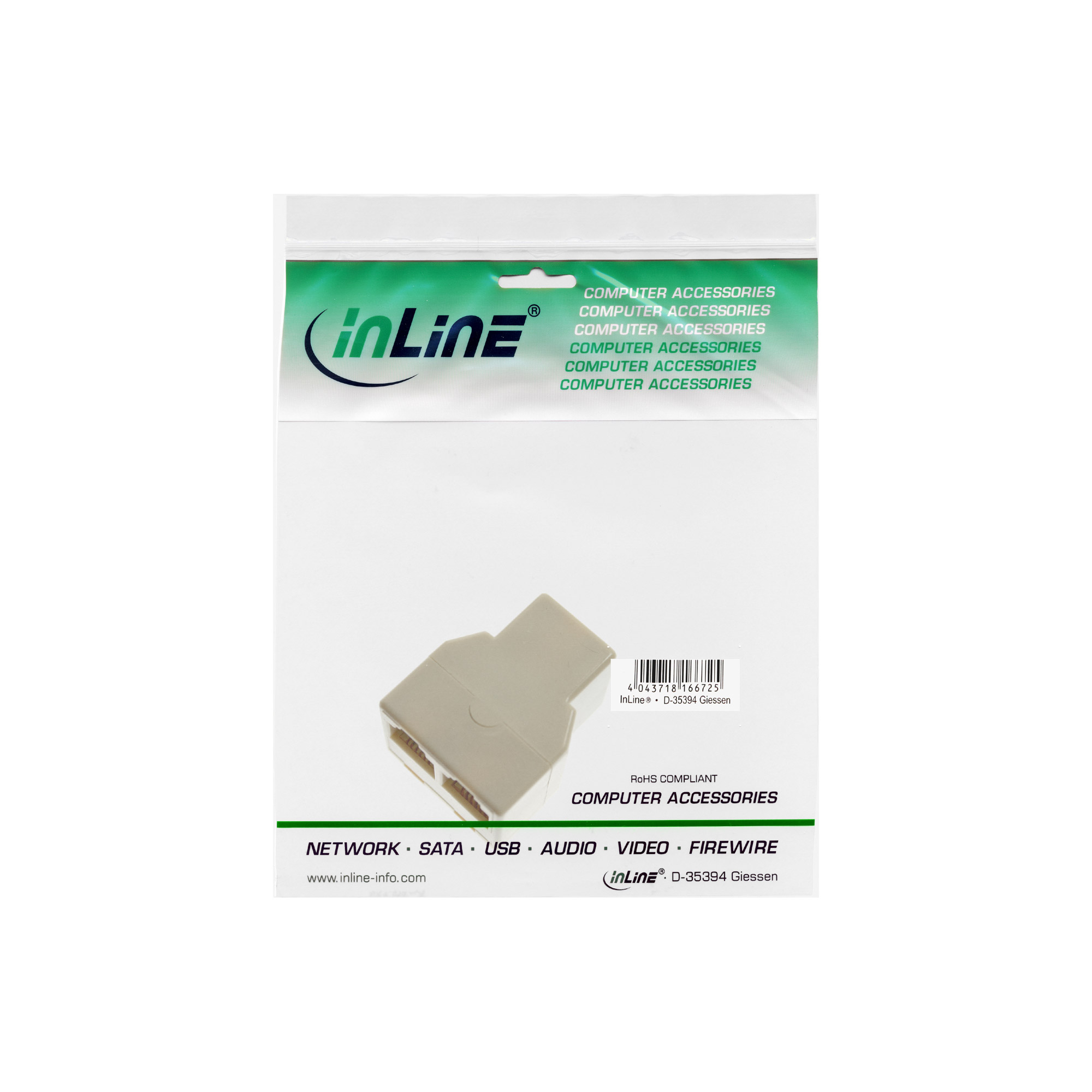 Ein weißer HDMI-Adapter in einer transparenten Plastiktüte mit dem Logo 'inLine'.