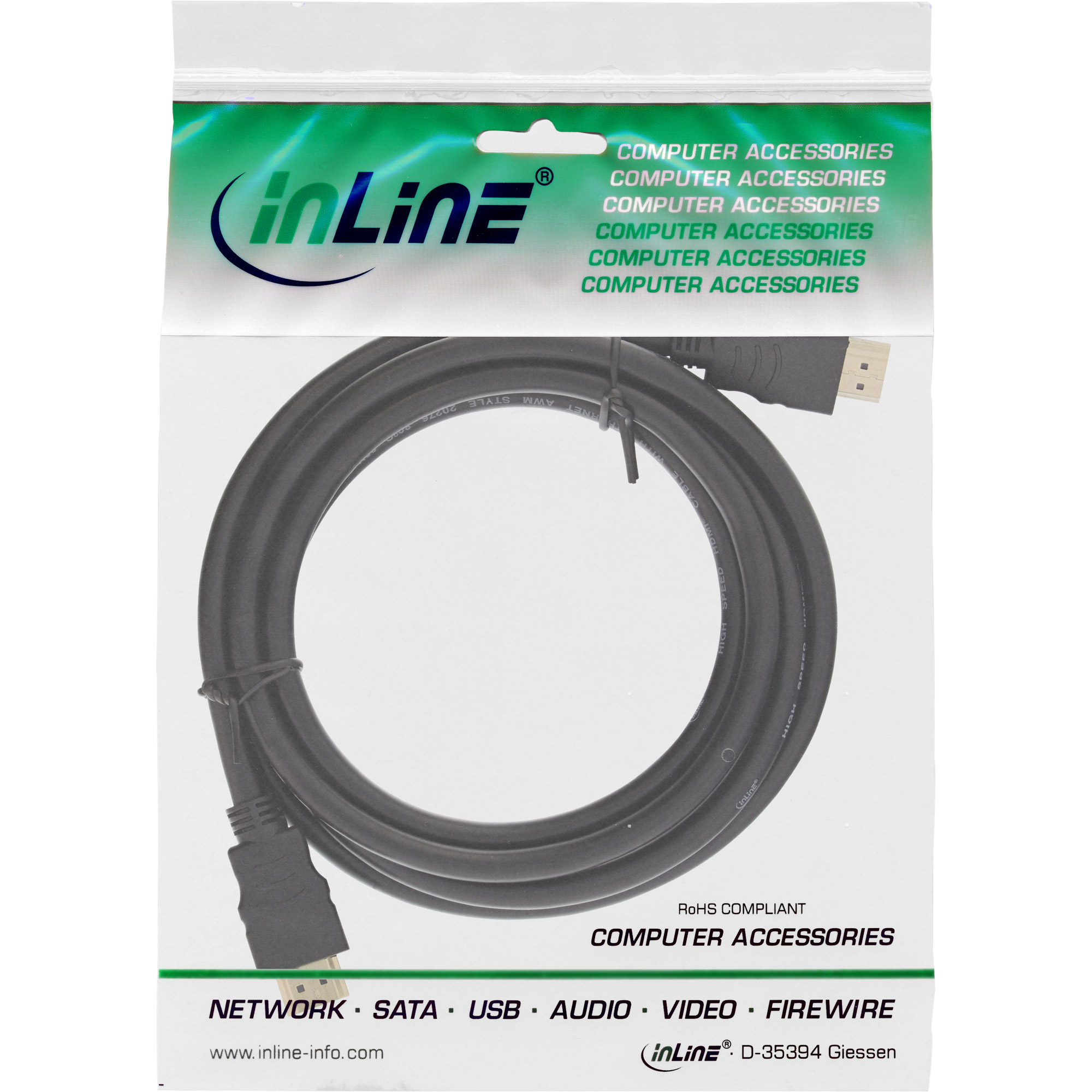 HDMI-kabel in een transparante plastic verpakking met tekst voor computeraccessoires. De achtergrond is wit.