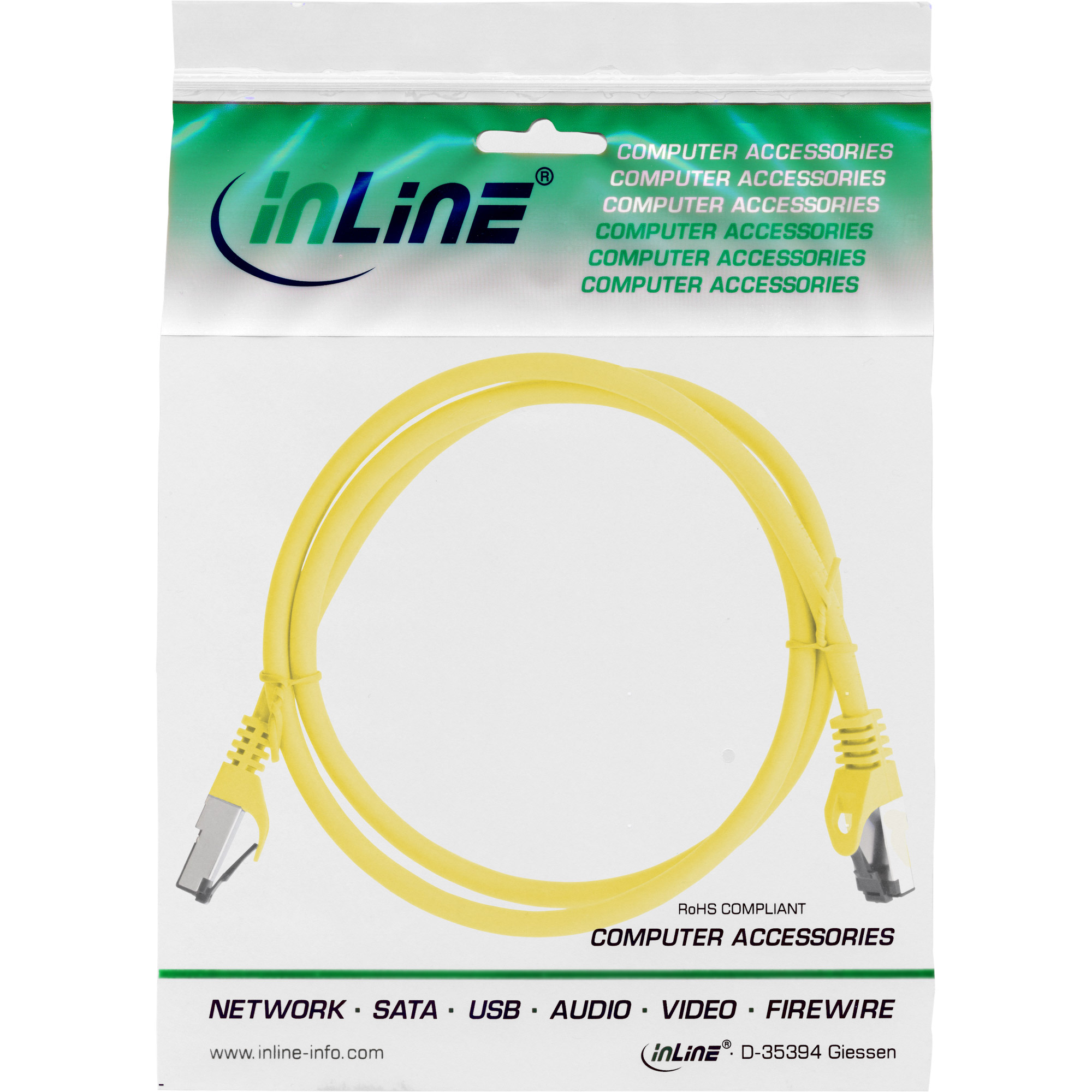 Een gele Ethernet-kabel in een plastic zak. De kabel is opgerold. Tekst: 'Computeraccessoires'.