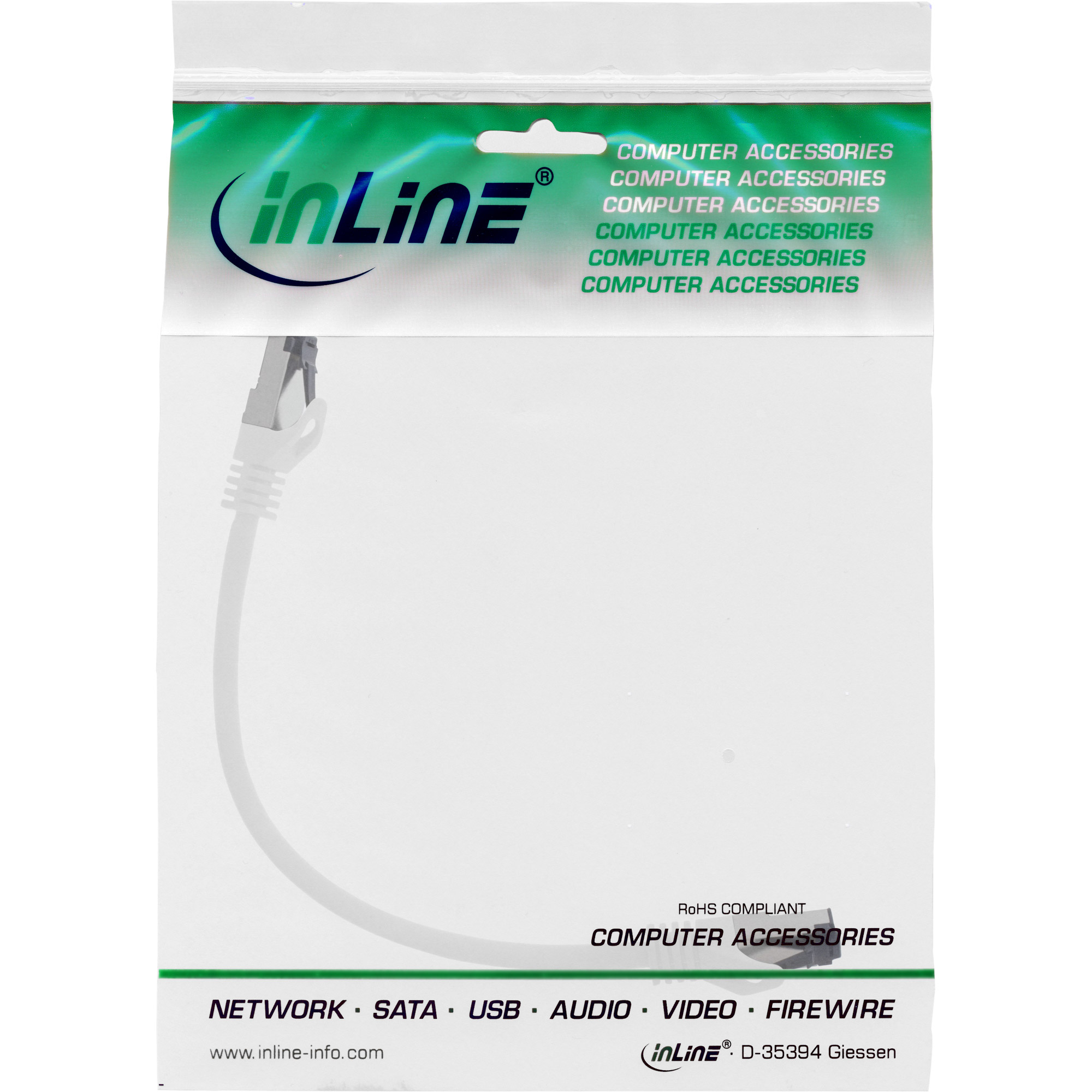 Una busta di plastica trasparente con un cavo ethernet bianco. Testo: 'ACCESSORI PER COMPUTER' e 'inLine'.
