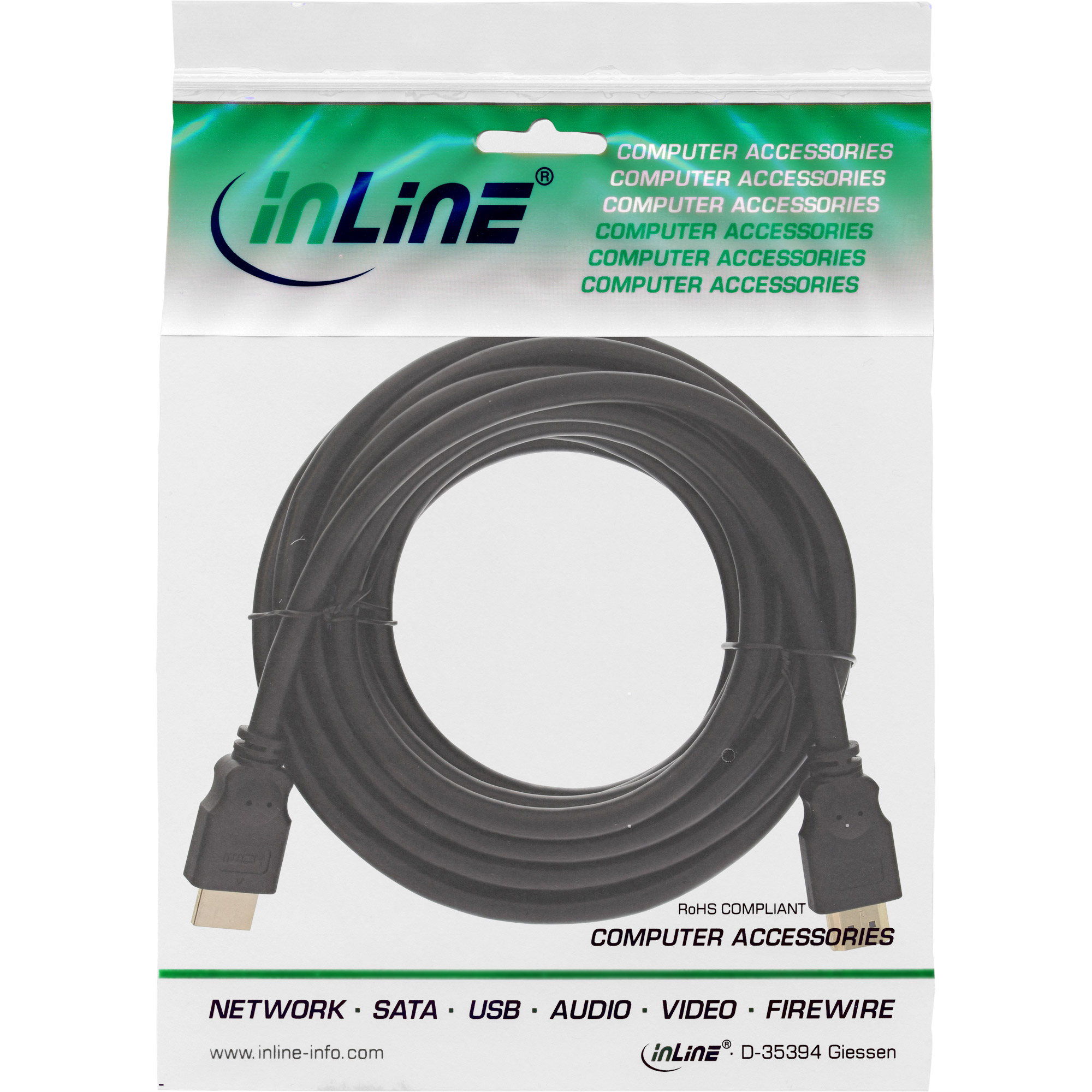 Un câble HDMI noir dans un emballage plastique transparent avec du texte.