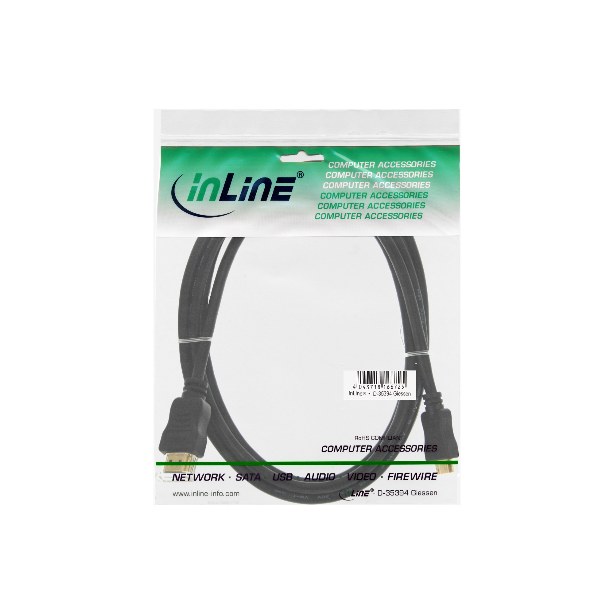 Câble HDMI noir dans un sac plastique, marque inLine. Texte comprend accessoires informatiques et site web.