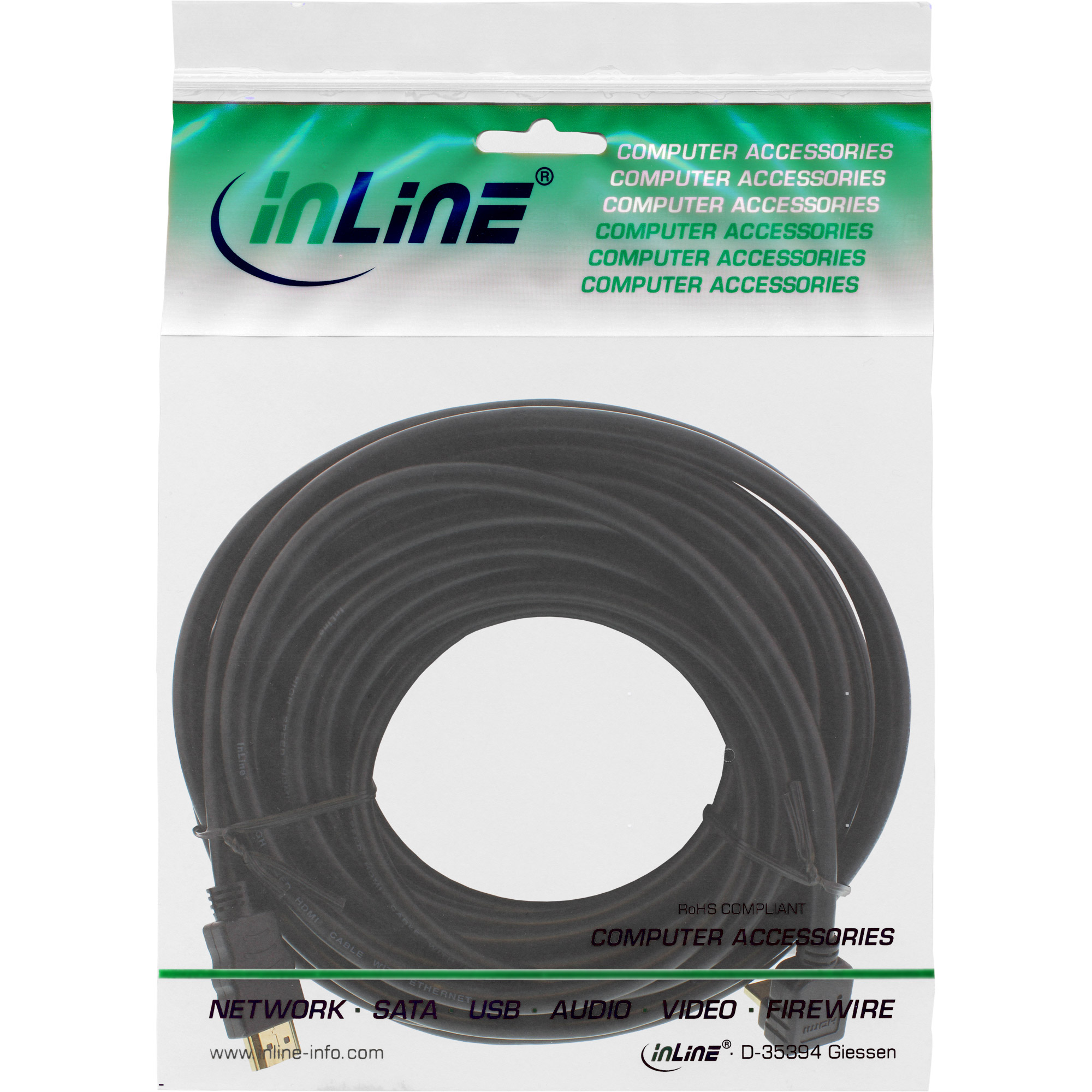 Ein aufgerolltes schwarzes HDMI-Kabel in einer durchsichtigen Plastiktüte mit aufgedruckten Produktdetails.