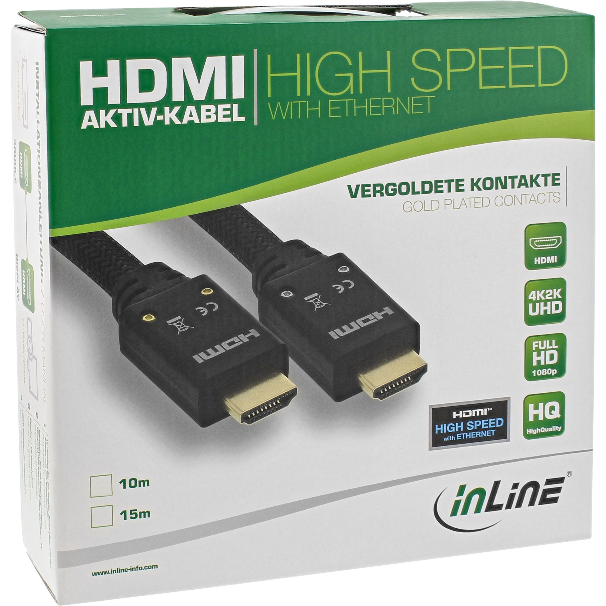 HDMI-kabeldoos met zwarte kabels, gouden connectoren en tekst: HDMI High Speed with Ethernet.
