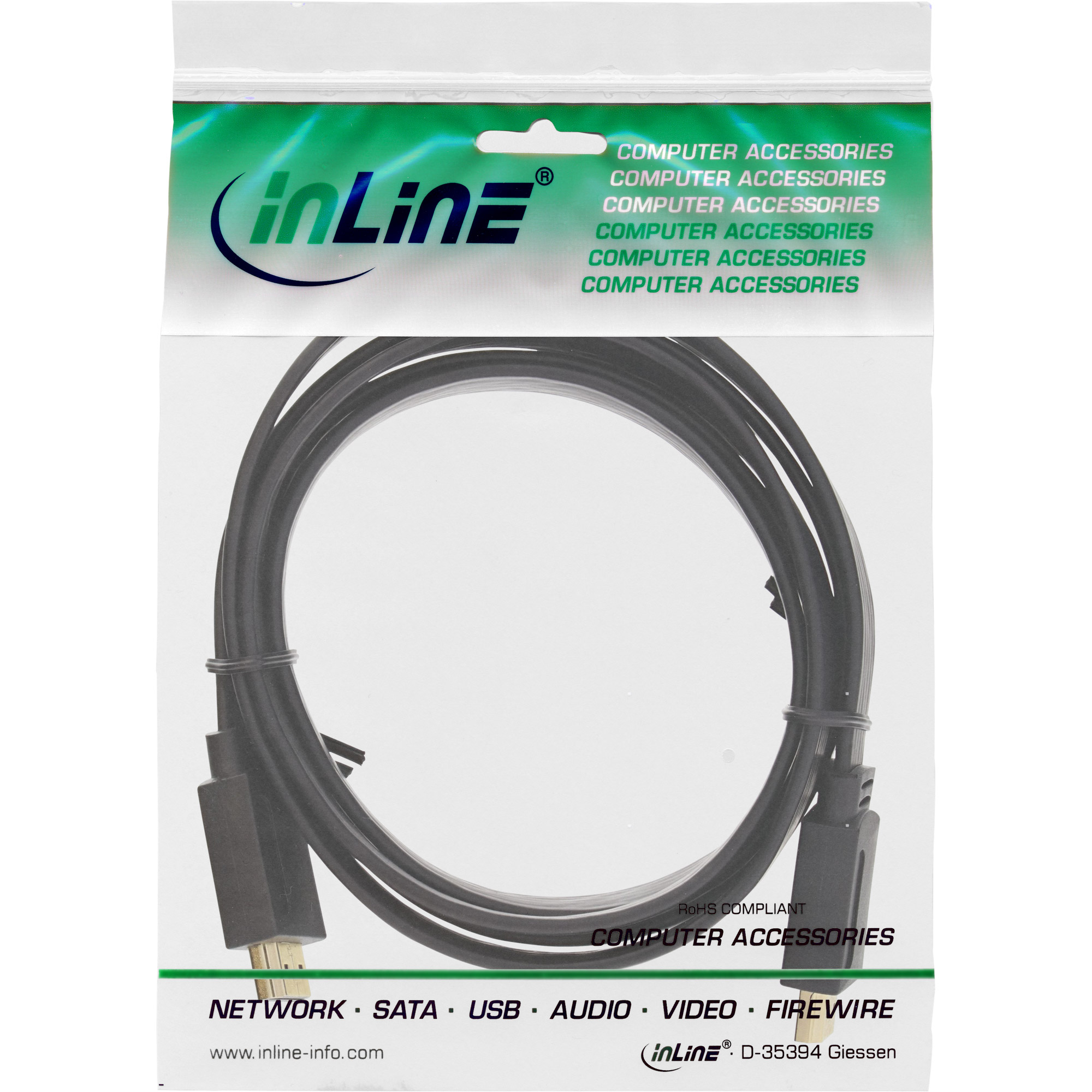 Schwarzes Kabel in einer transparenten Plastikverpackung, mit InLine-Branding und Text zu Computerzubehör.
