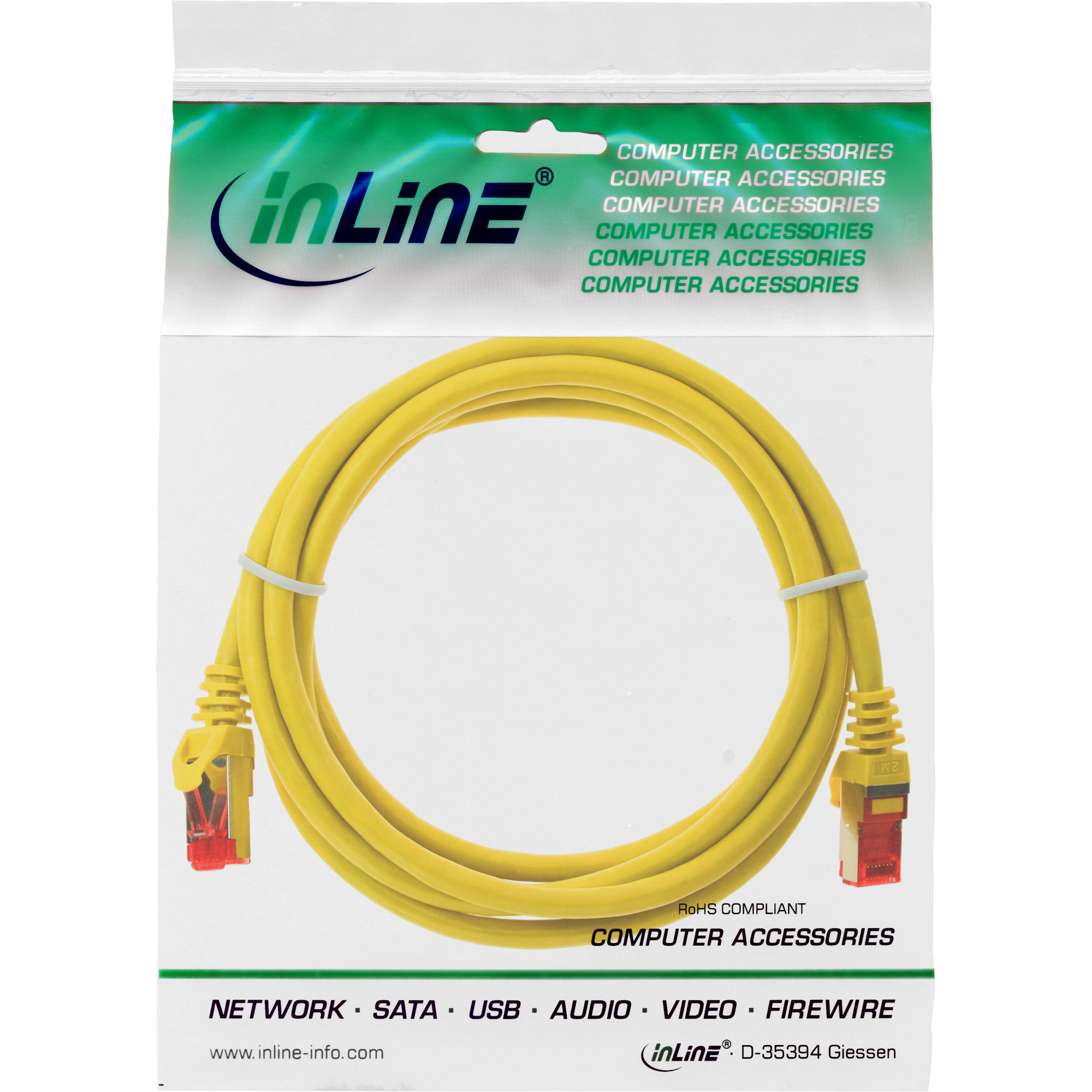 Cavo di rete giallo in confezione di plastica trasparente con logo e testo 'inLine'.