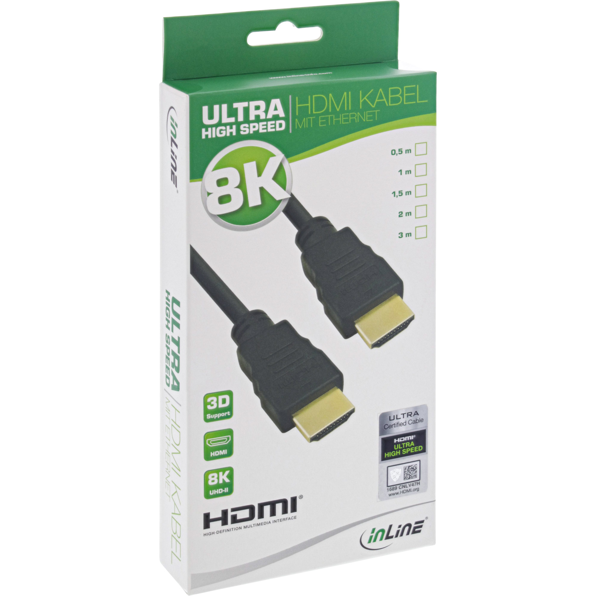 HDMI-Kabel in einer Box mit Produktdetails, einschließlich 8K und High Speed.