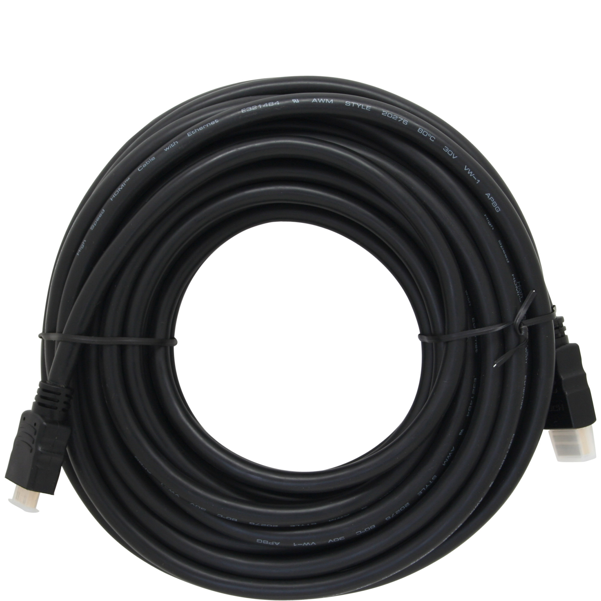 Een zwarte HDMI-kabel opgerold tegen een witte achtergrond, met connectoren aan beide uiteinden.