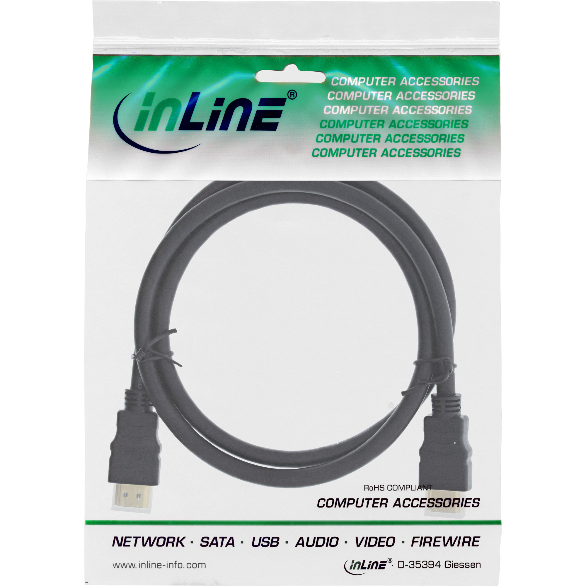 Emballage d'un câble HDMI noir, avec le logo et le texte de l'entreprise.