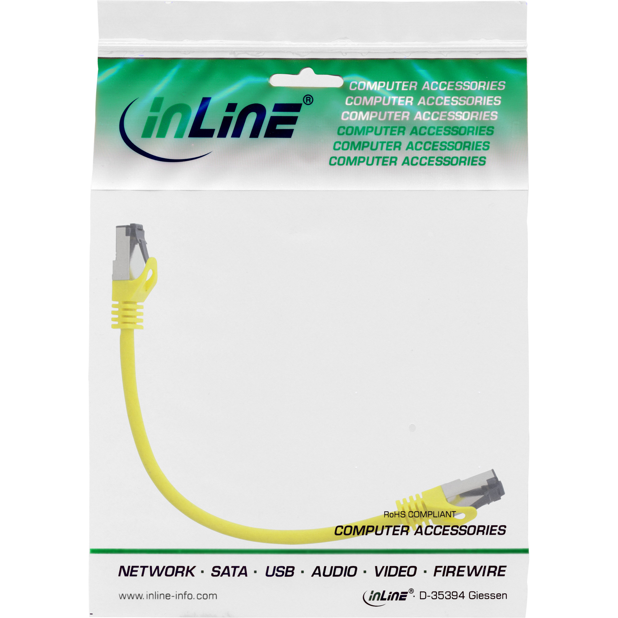 Un cavo Ethernet giallo con estremità grigie, in una busta di plastica. Il cavo è dritto. Testo: 'Accessori per computer'.