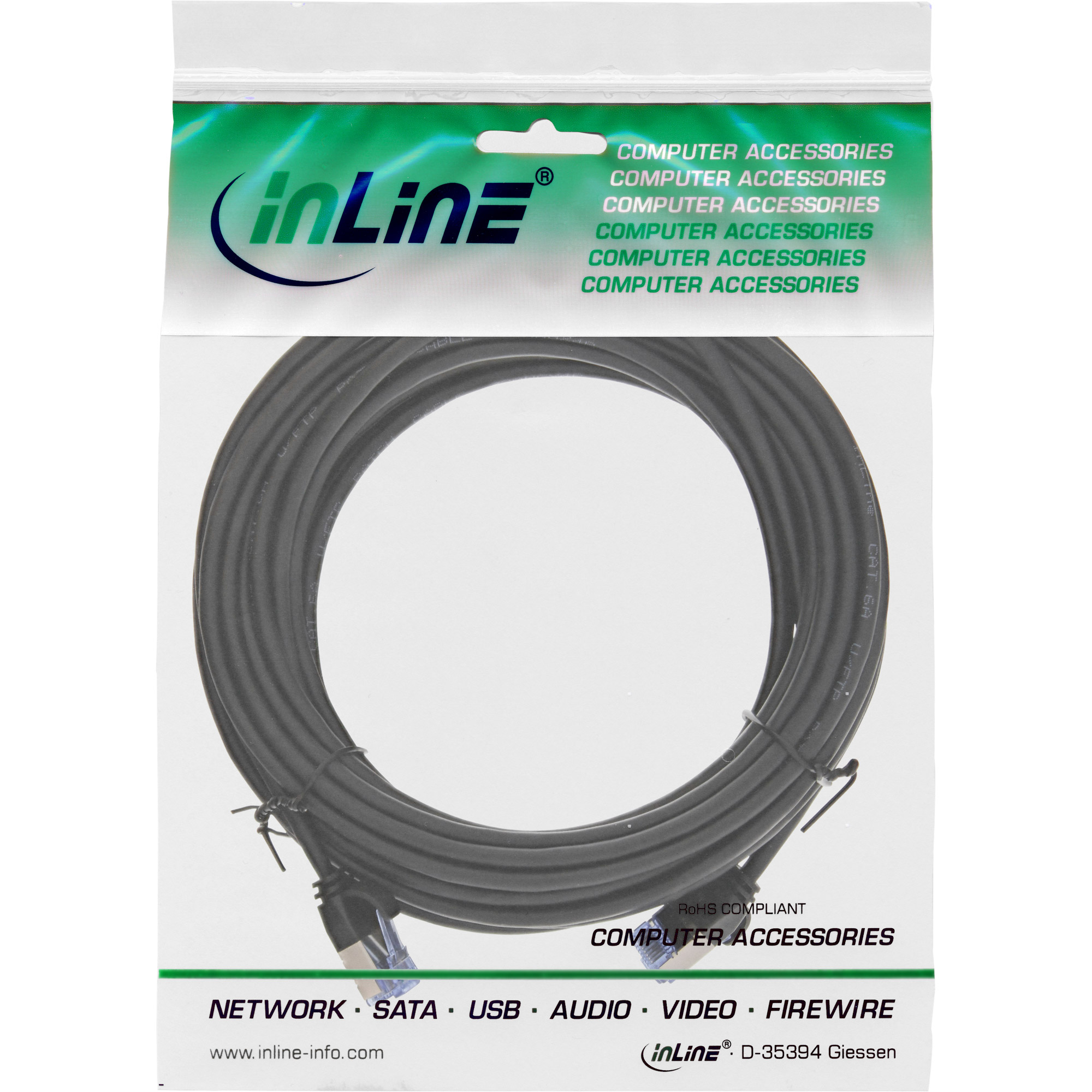 Een zwarte netwerkkabel in een transparante plastic verpakking met het 'inLine' logo en de tekst 'COMPUTER ACCESSOIRES'.