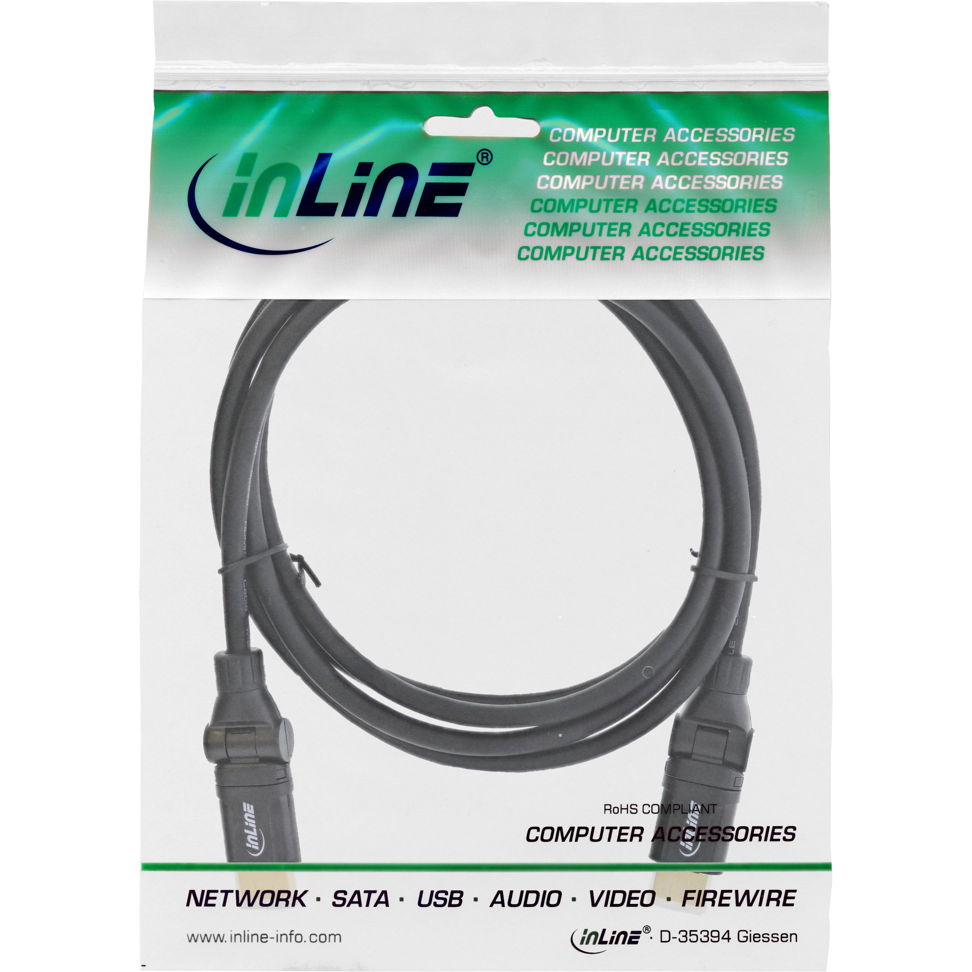Zwarte HDMI-kabel in plastic zak, merk inLine. Tekst bevat computeraccessoires en website.