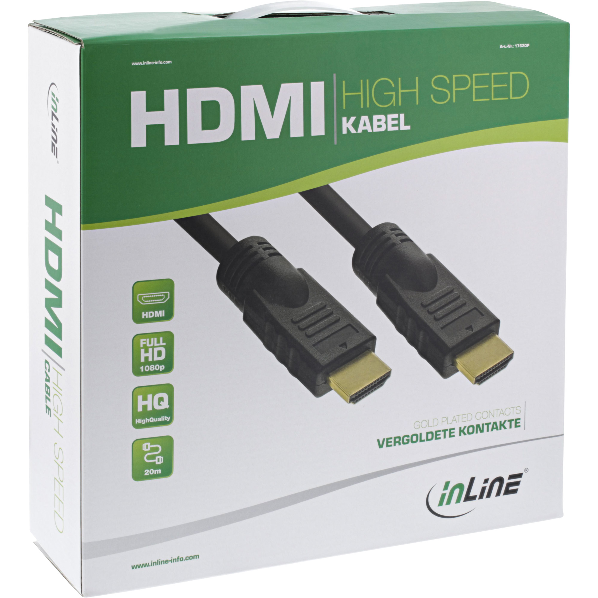 Une boîte de câble HDMI haut débit avec connecteurs, avec texte en anglais.