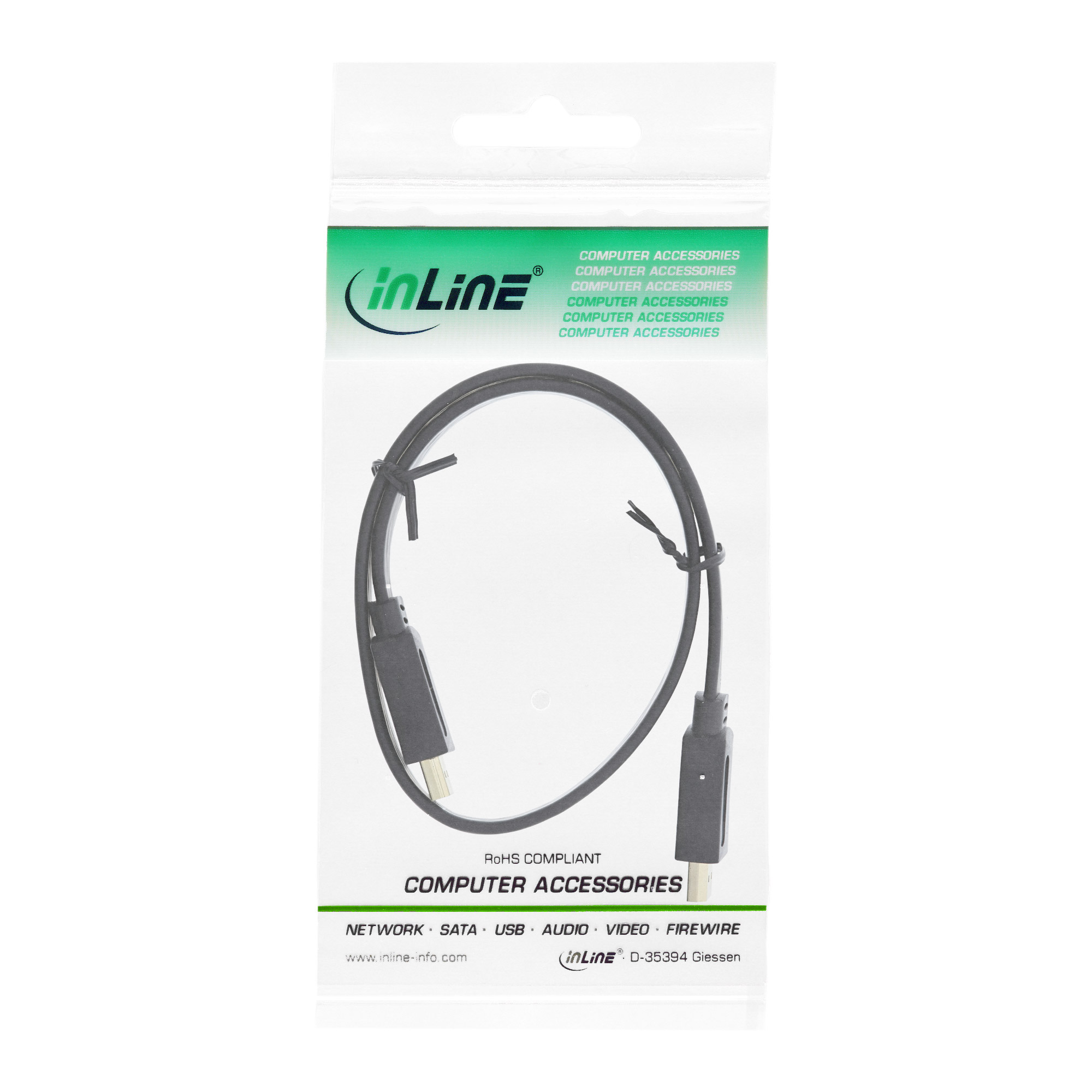 Zwarte USB-kabel in plastic verpakking. InLine logo linksboven. Computer accessoires.