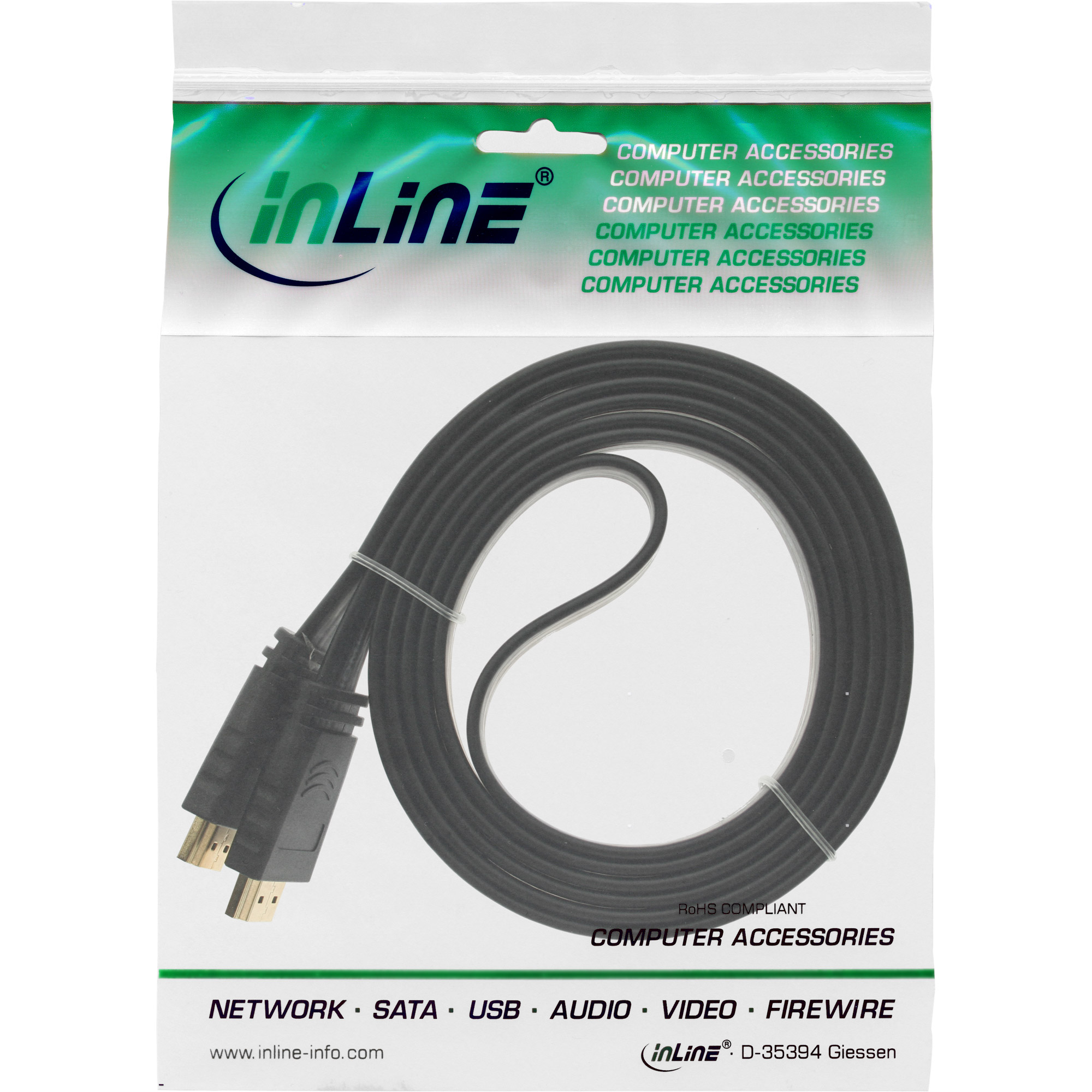 Ein schwarzes HDMI-Kabel in einer durchsichtigen Plastiktüte mit 'inLine'-Logo.