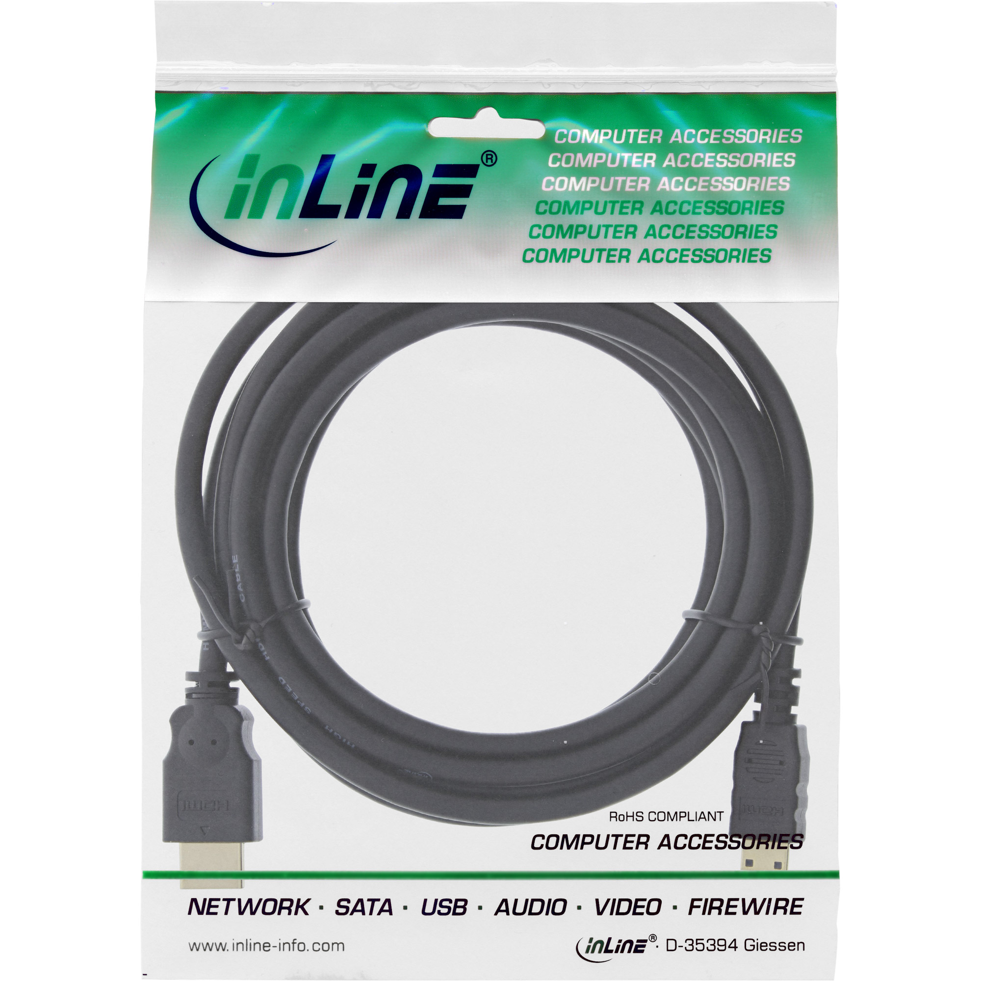 Schwarzes HDMI-Kabel in transparenter Verpackung, mit 'inLine'-Logo. Text: Computerzubehör.