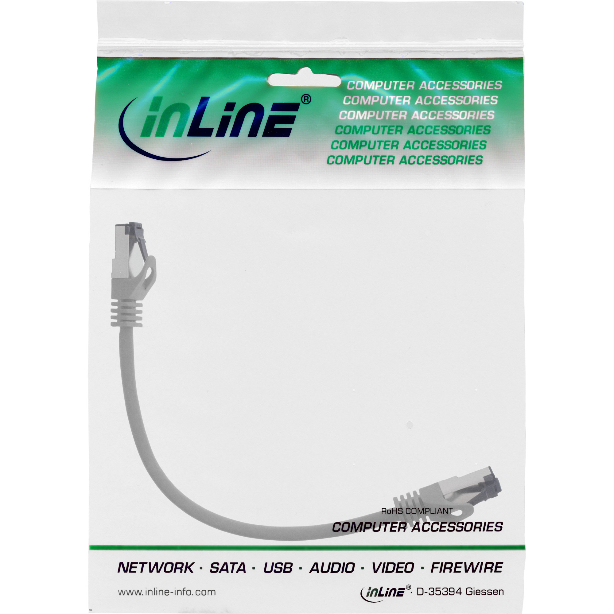 Un cavo Ethernet grigio con estremità grigie, in una busta di plastica. Il cavo è dritto. Testo: 'Accessori per computer'.