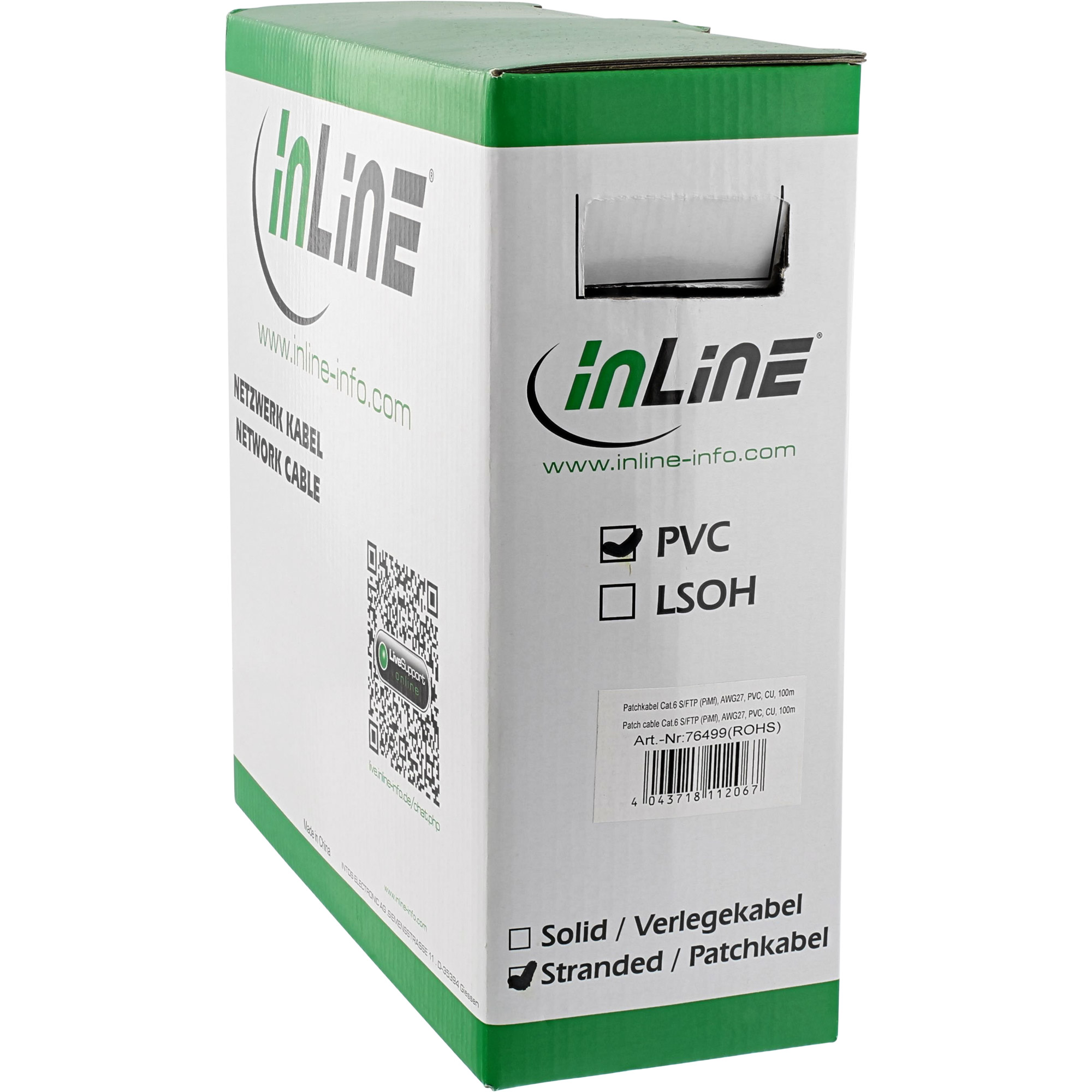 Scatola bianca e verde con etichetta: Cavo di rete. Testo: inLine. Codice QR e info prodotto visibili.
