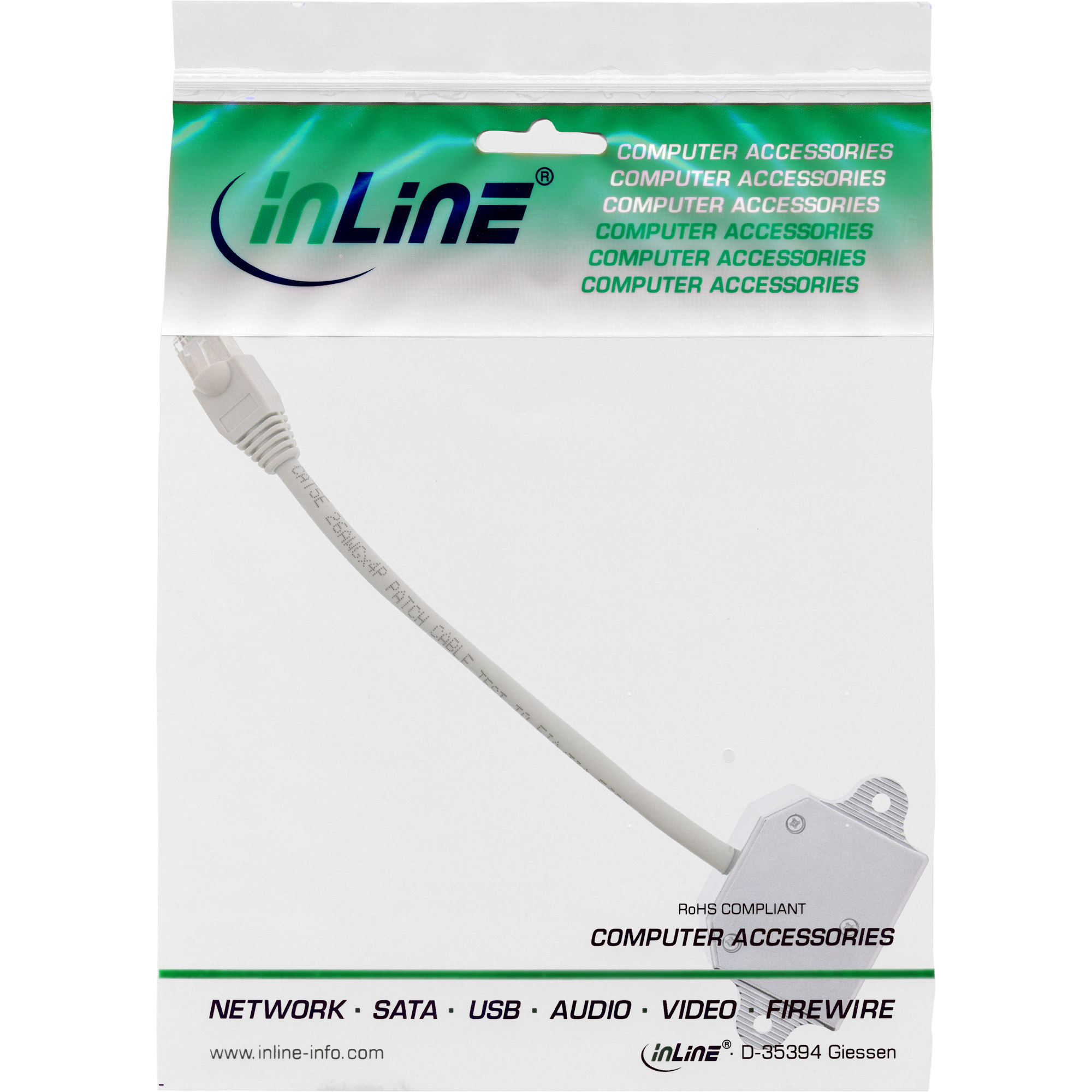 Un sacchetto di plastica trasparente contenente un cavo di rete grigio con un connettore bianco e testo.
