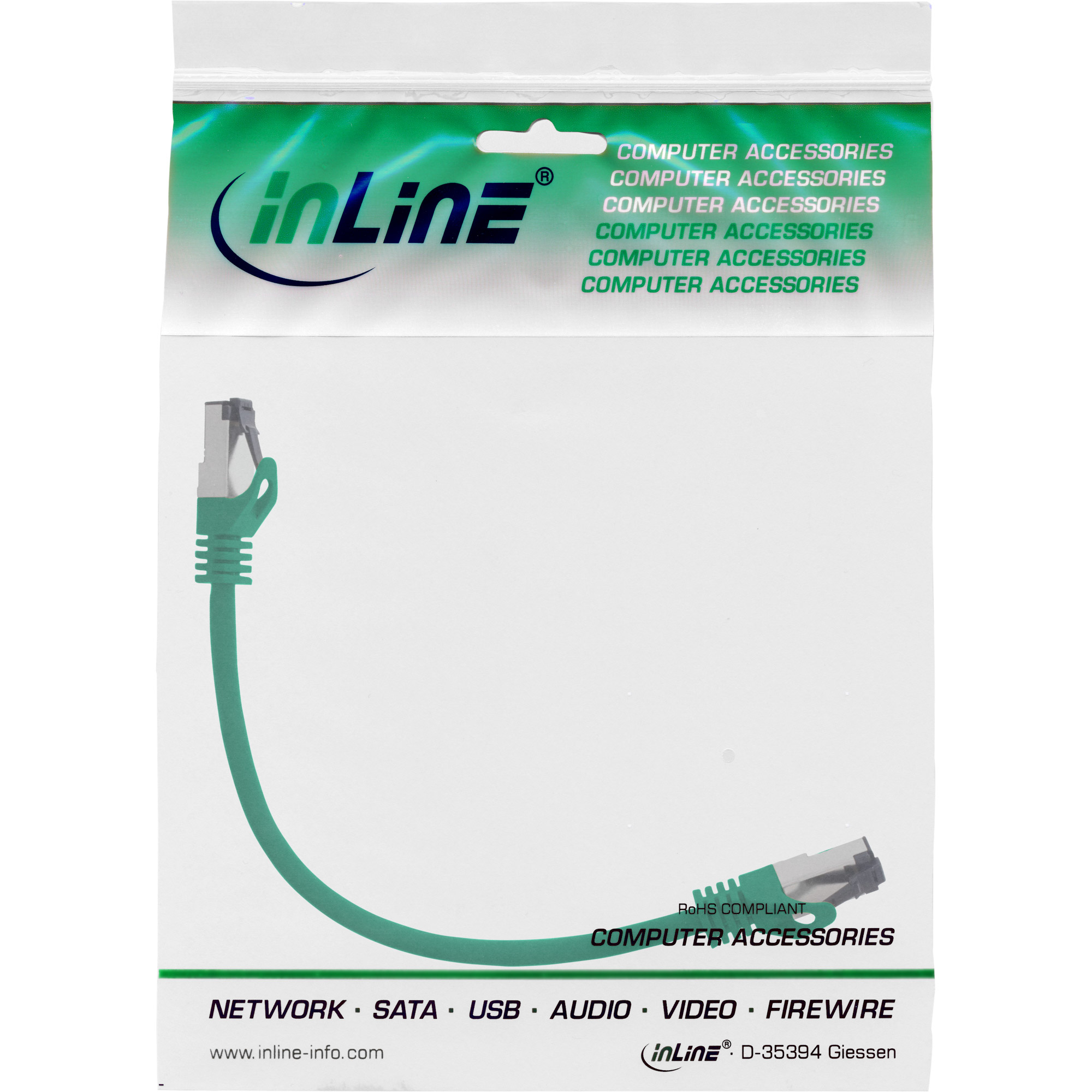 Un cavo Ethernet verde con estremità grigie, in una busta di plastica. Il cavo è dritto. Testo: 'Accessori per computer'.