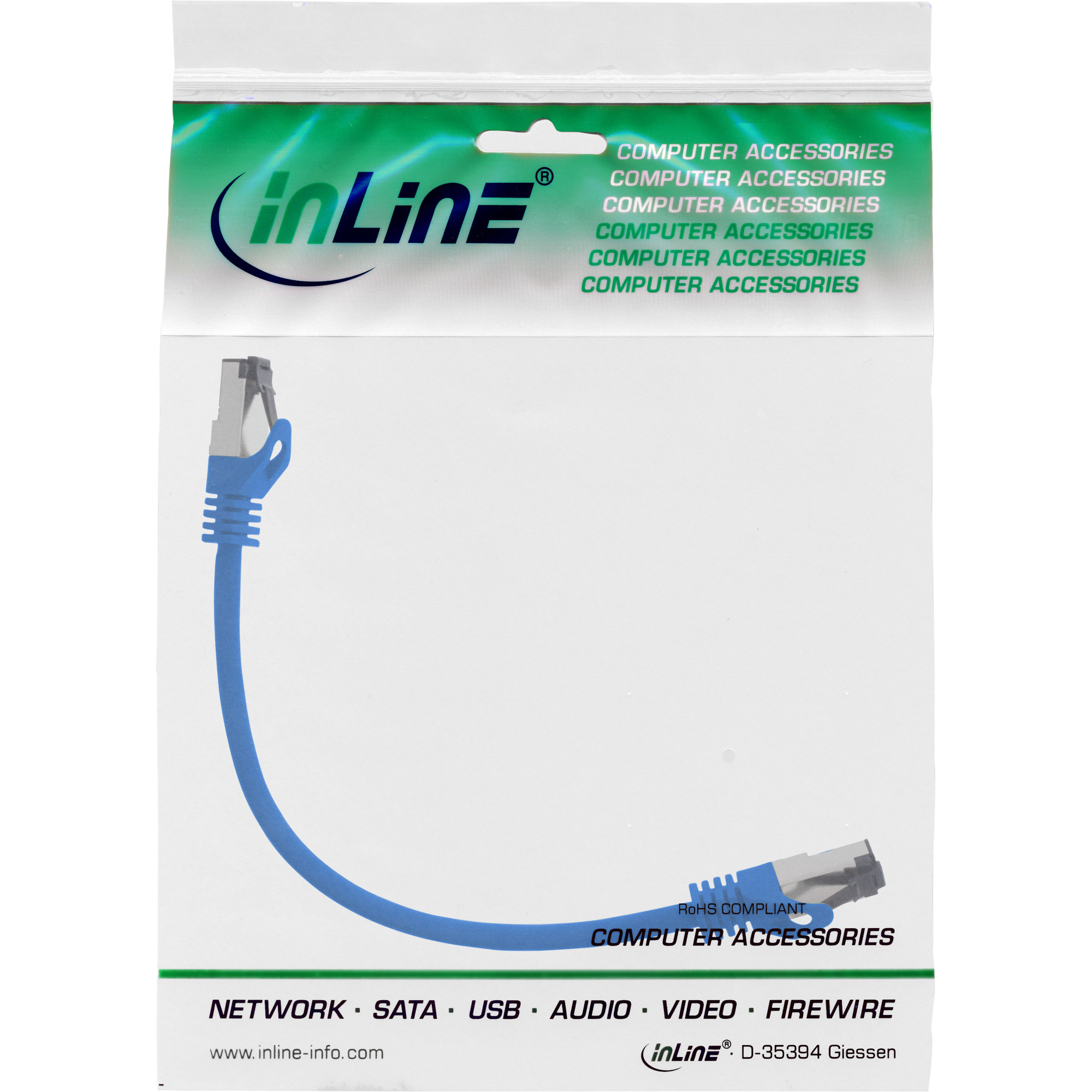Een blauwe Ethernet-kabel met grijze uiteinden, in een plastic zak. De kabel is recht. Tekst: 'Computeraccessoires'.