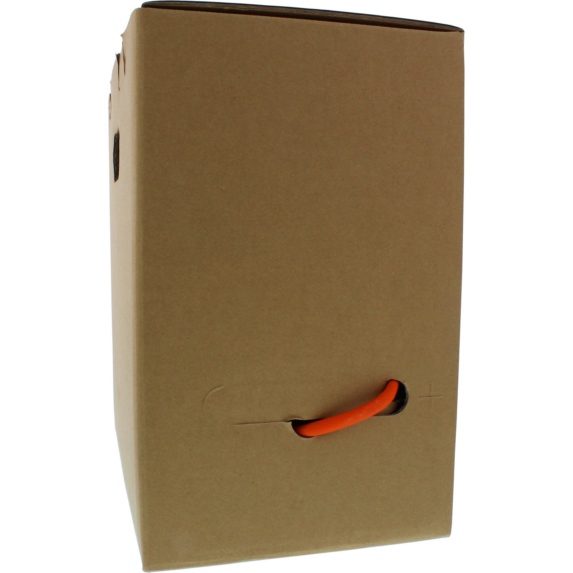 Een bruine kartonnen doos met een uitgesneden handvat en een oranje kabel zichtbaar door een gat aan de zijkant.