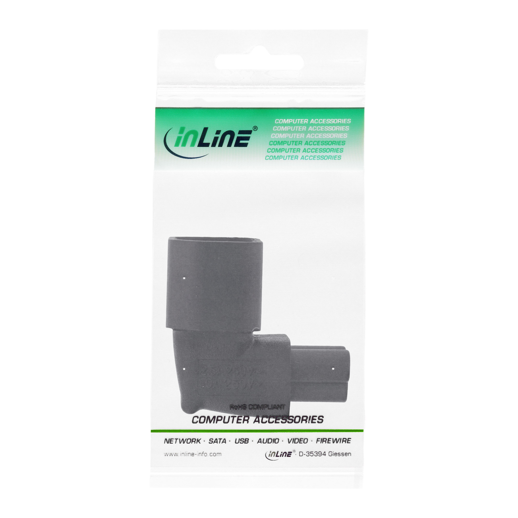 Eine transparente Plastikverpackung mit einem schwarzen, L-förmigen Adapter. Verpackung hat grünen und weißen Text.
