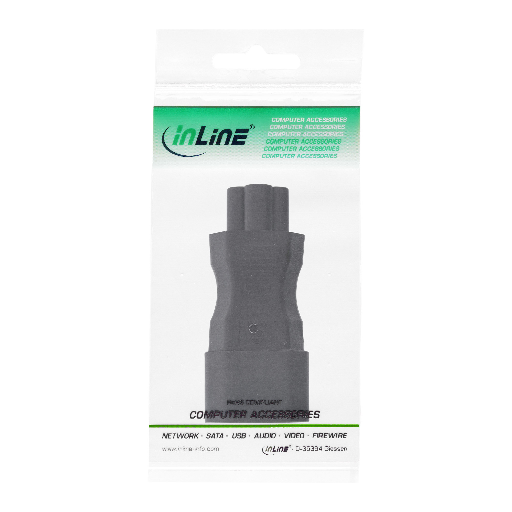Schwarzer Adapter in durchsichtiger Kunststoffverpackung, Marke inLine.
