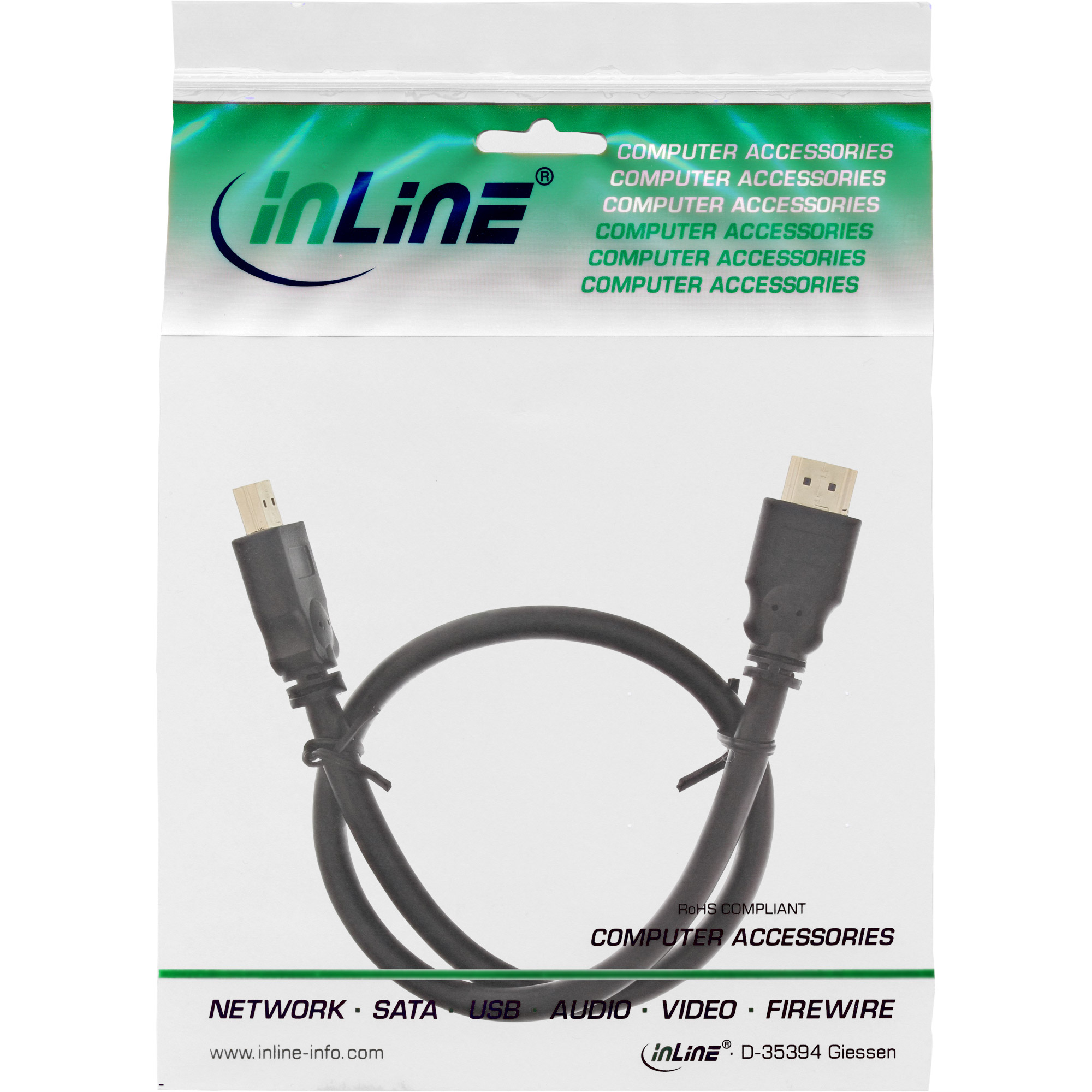 Eine transparente Plastiktüte mit dem Text inLine und Computerzubehör. Im Inneren befindet sich ein schwarzes HDMI-Kabel.