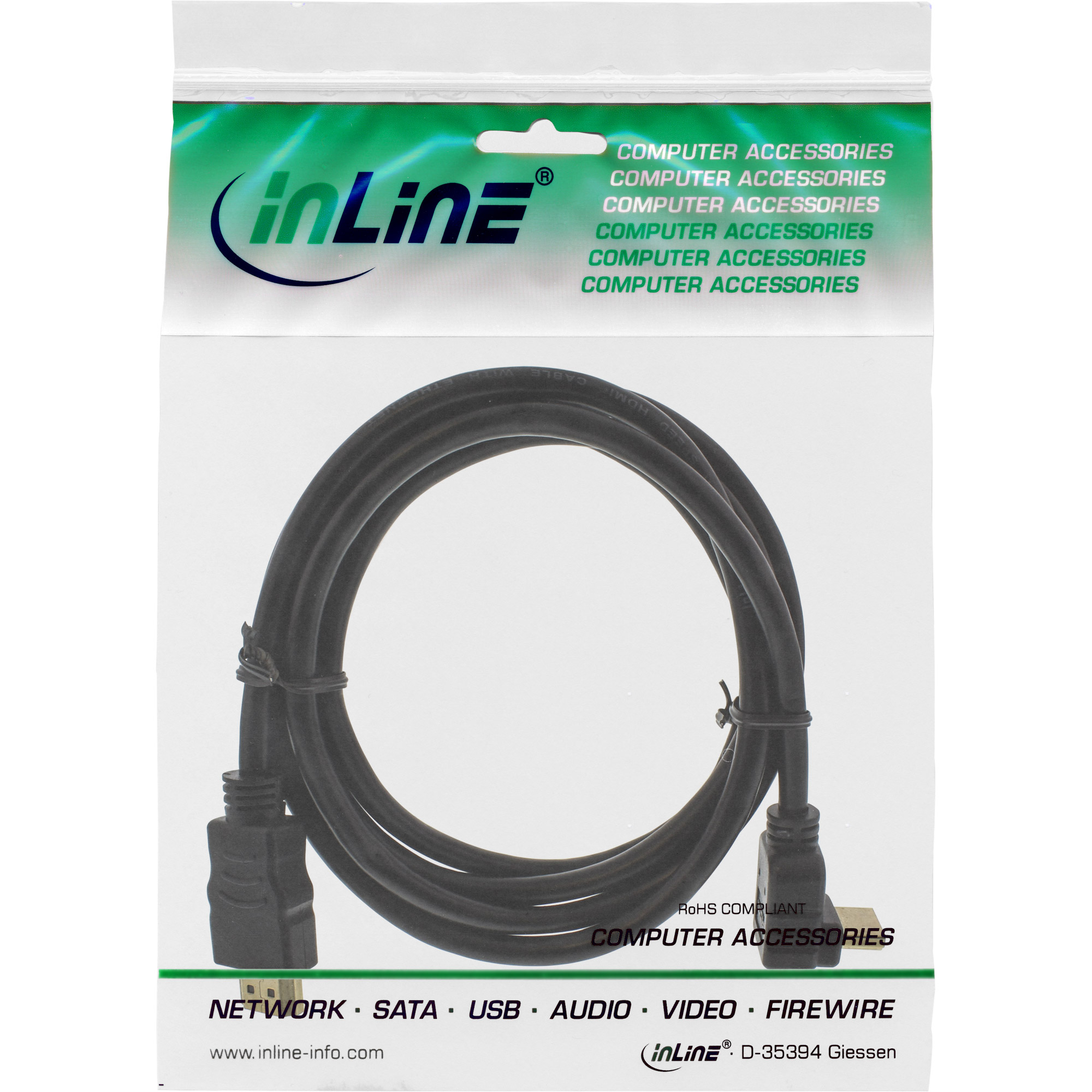 Een zwarte HDMI-kabel in een plastic zak met de tekst "COMPUTER ACCESSORIES".